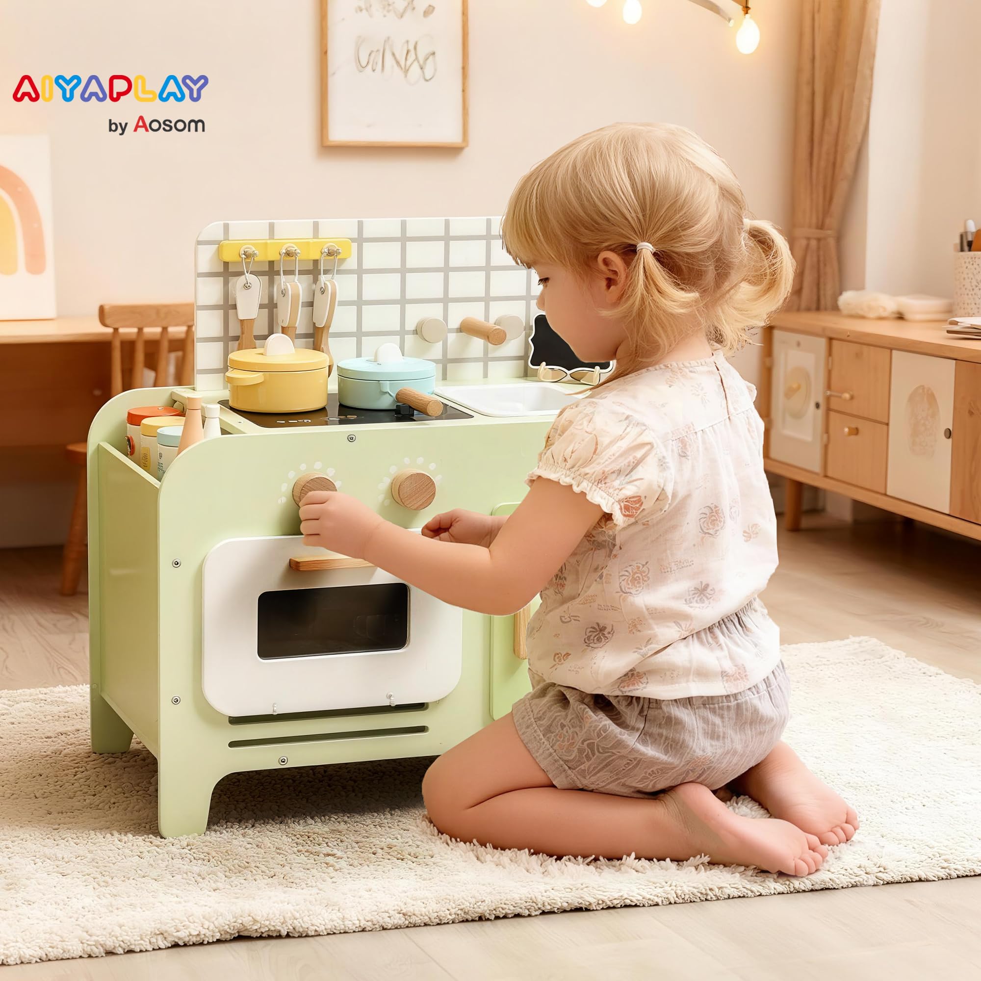 AIYAPLAY Kuchnia dziecięca, kuchnia do zabawy z kuchenką mikrofalową, zlewozmywakiem i akcesoriami, kuchnia zabawkowa dla lalek, zestaw zabawkowy dla dzieci, prezent dla dziewczynek, chłopców od 3 lat