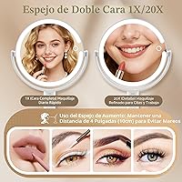 Vista 2 de Espejo de maquillaje con luces, espejo de aumento de doble cara 1x/20x con luz, recargable de 3 luces de color y brillo ajustable, rotación de 360°