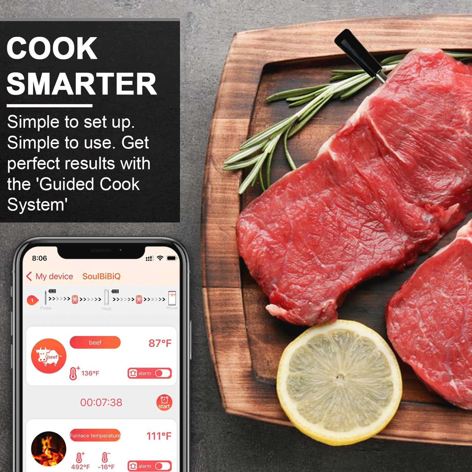 KRILLIQ Termómetro para Carne controlado por aplicación Bluetooth, termómetro para Barbacoa, termómetro LCD de Lectura instantánea Recargable para Parrilla y Cocina