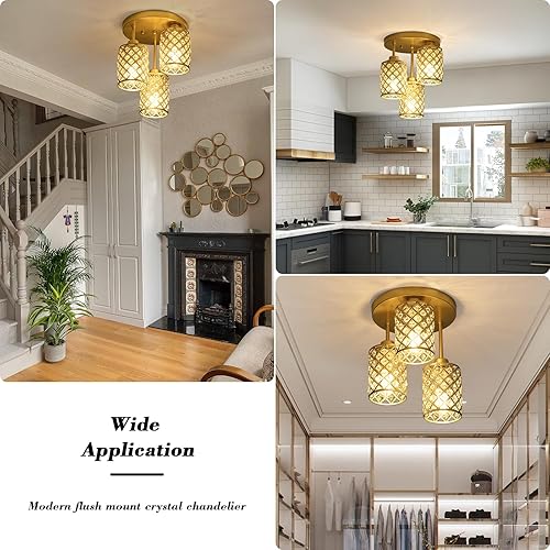 Miniatura 5 de Lámpara de techo de cristal K9 de lujo semiempotrada con 3 pantallas de metal dorado, mini iluminación cercana al techo para entrada, dormitorio,