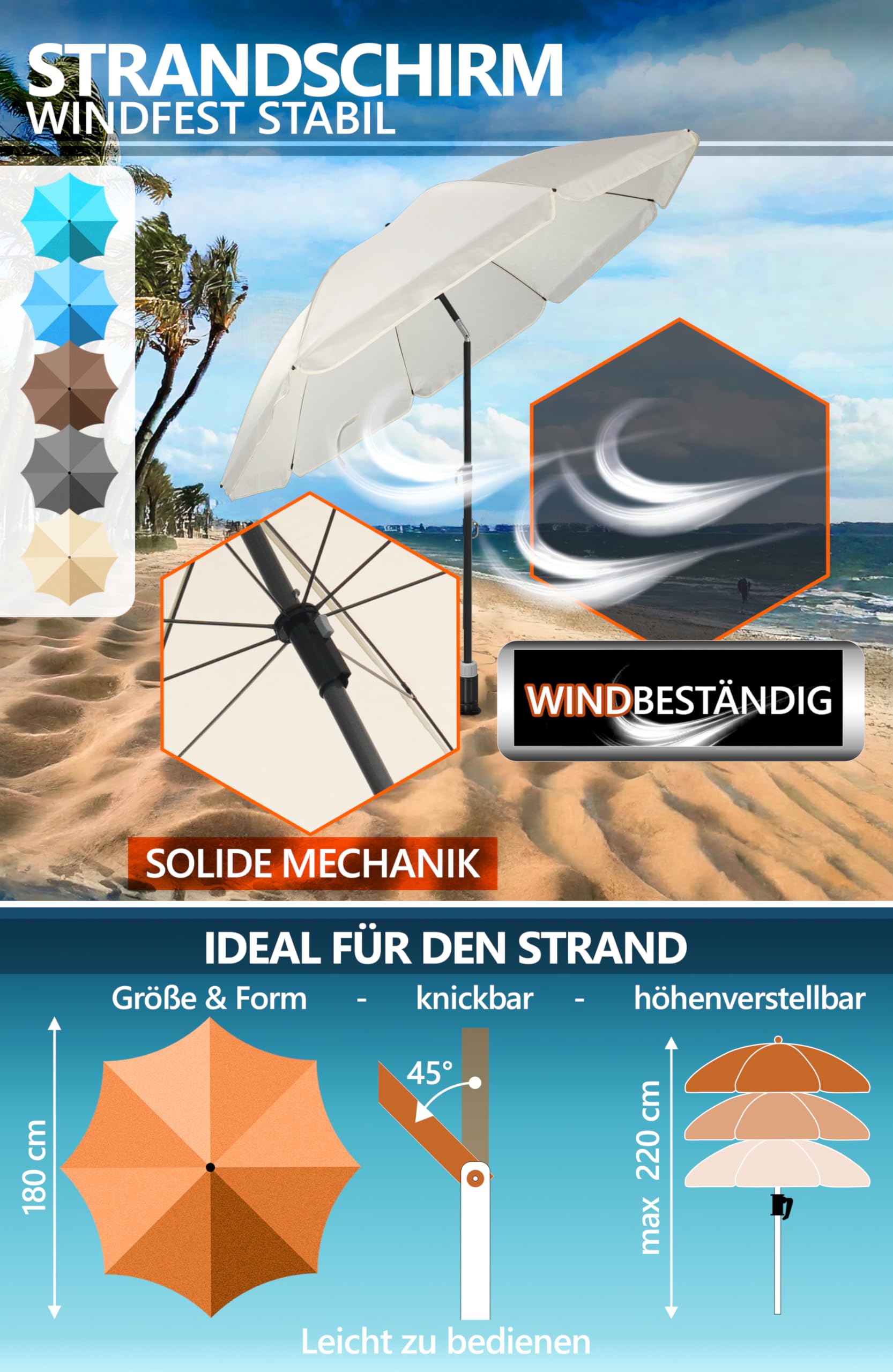 4smile Sonnenschirm Strand SunnyJoy, 3-in-1 SET, Beige - UPF 50+ Strandschirm Ø 180 cm + Sonnenschirm-Bodenhülse + Sonnenschirmhülle - Komplettes Sonnenschutz Strand Set