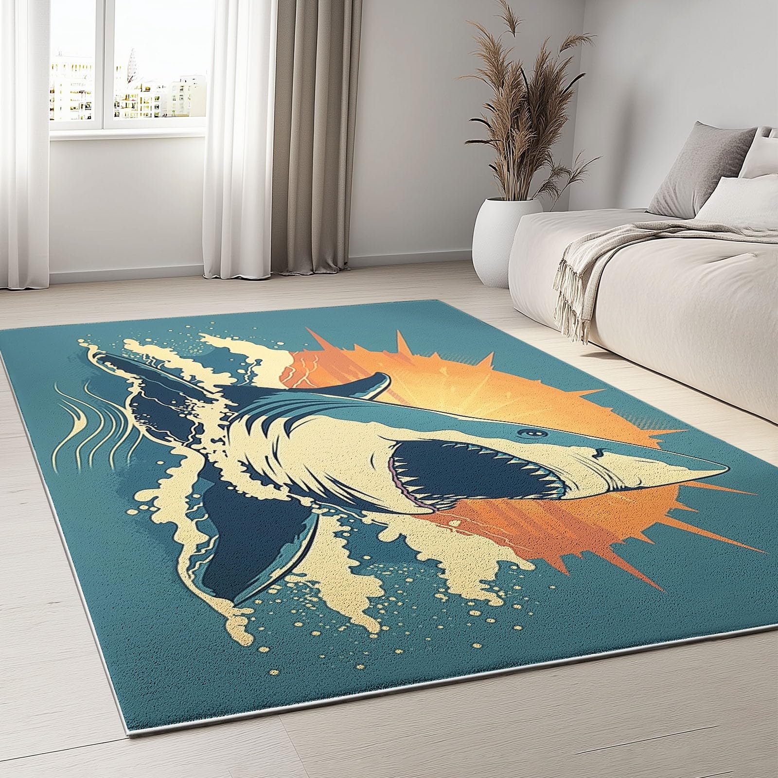 Générique Tapis de Salon Lavable en Machine 140 x 200 cm Doux à Poils Courts Moelleux Surf Vintage Tapis antidérapant, Requin Soleil Vague Style Rétro pour Le l'entrée, la Chambre et la Cuisine