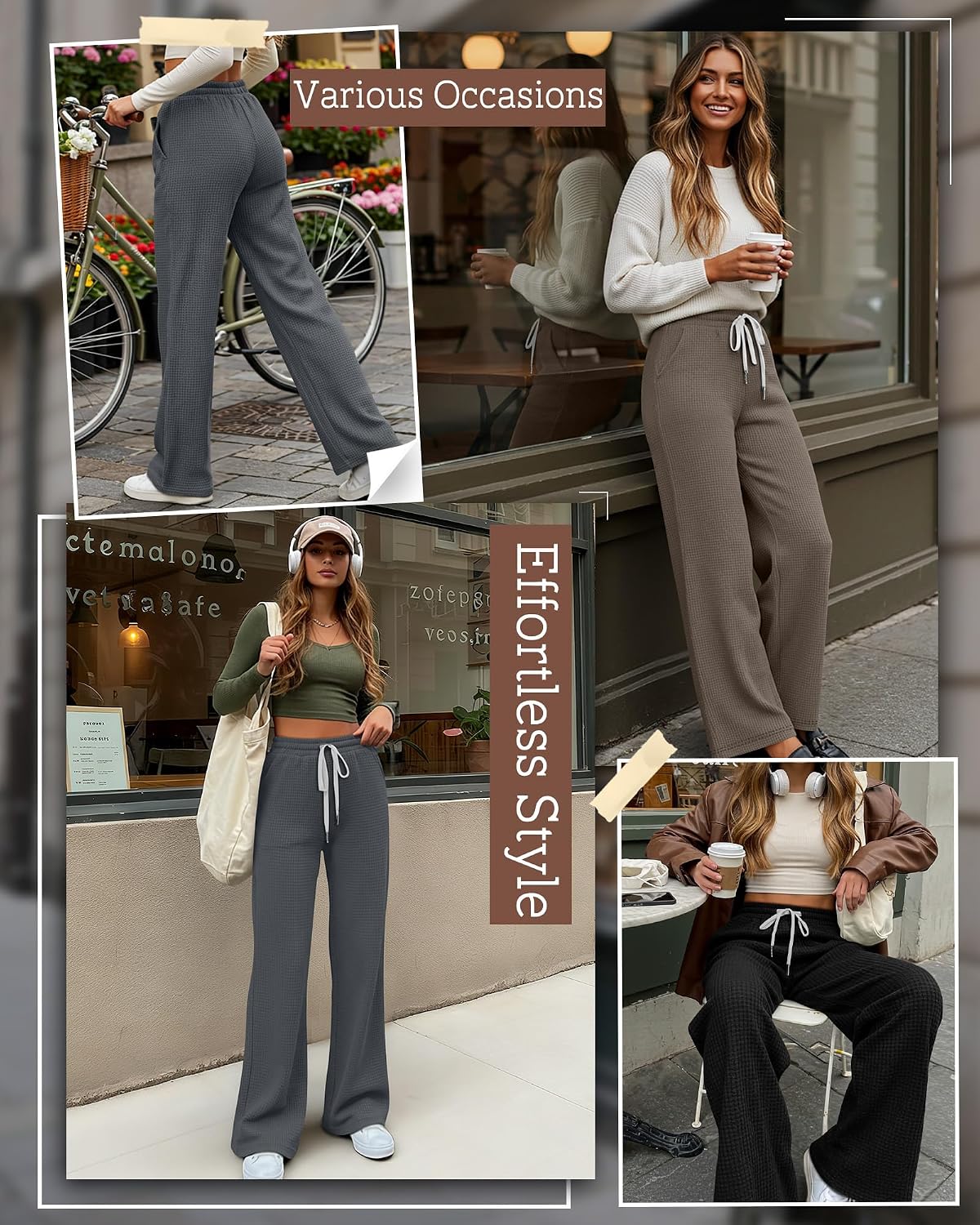 Neer 3 Pack Women's Waffle Knit Pants Wide Leg Baggy Sweatpants Casual Drawstring High Waisted with Pockets Knit Trousers