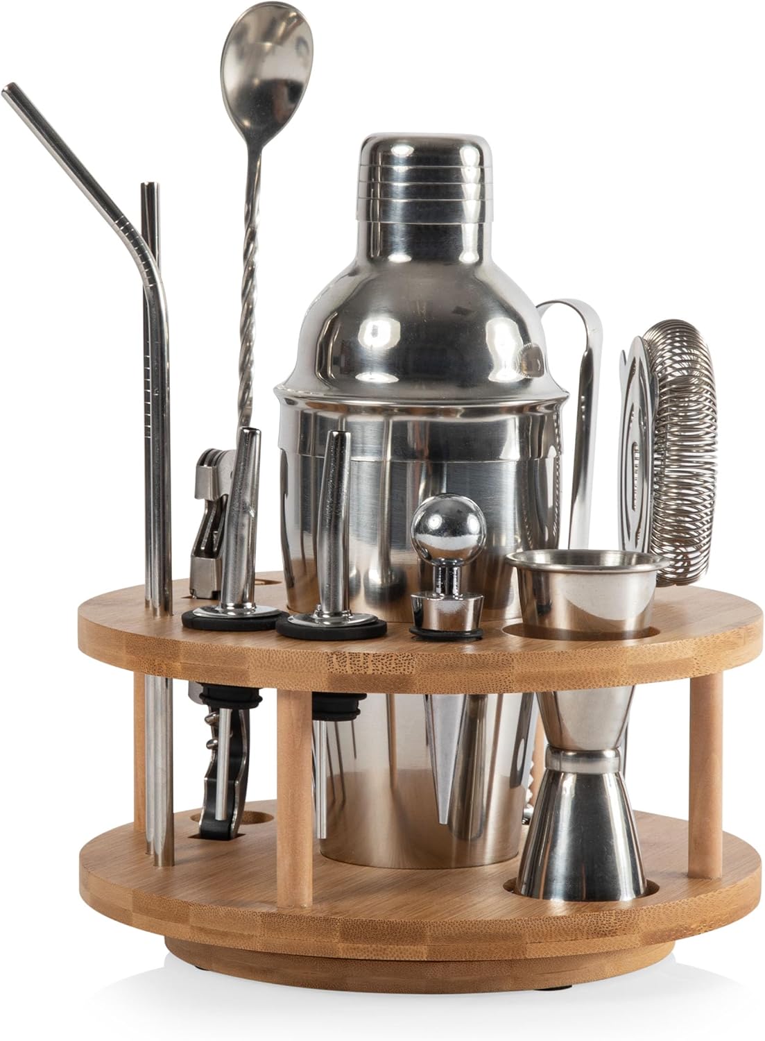 PICNIC TIME Lazy Susan Bar Tool Set, 12-piece Bartender Kit in Lazy Susan, Cocktail Set in Round Wooden Turntable, Mixology Bartender Set in Bamboo Turntable Organizer, (Bamboo with Silver Accents)