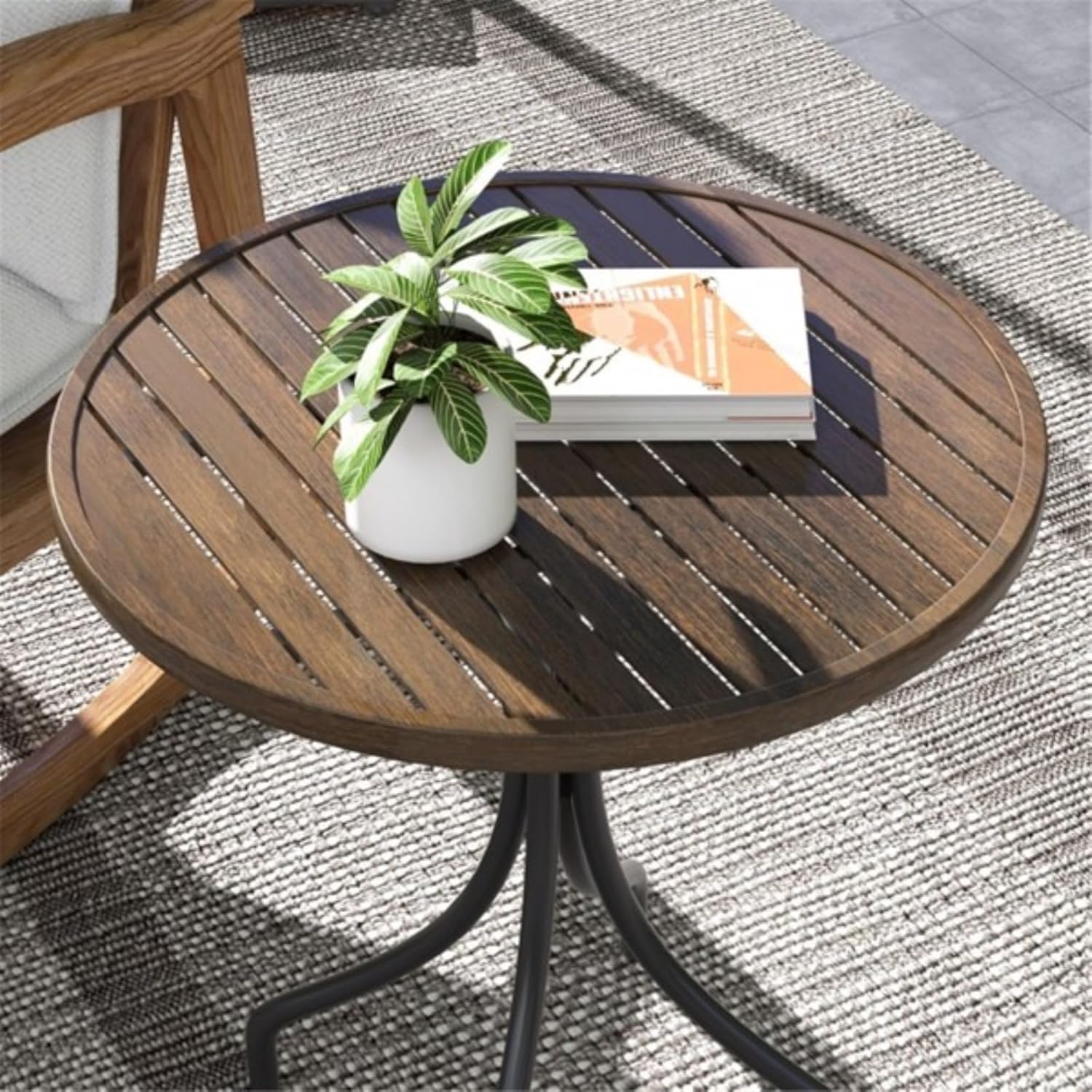 Round Patio Table, Outdoor Side Table, Coffee Table, Wood Grain Look, Slatted Top, Powder Coated Galvanized Steel Frame, Distressed Brown, Black