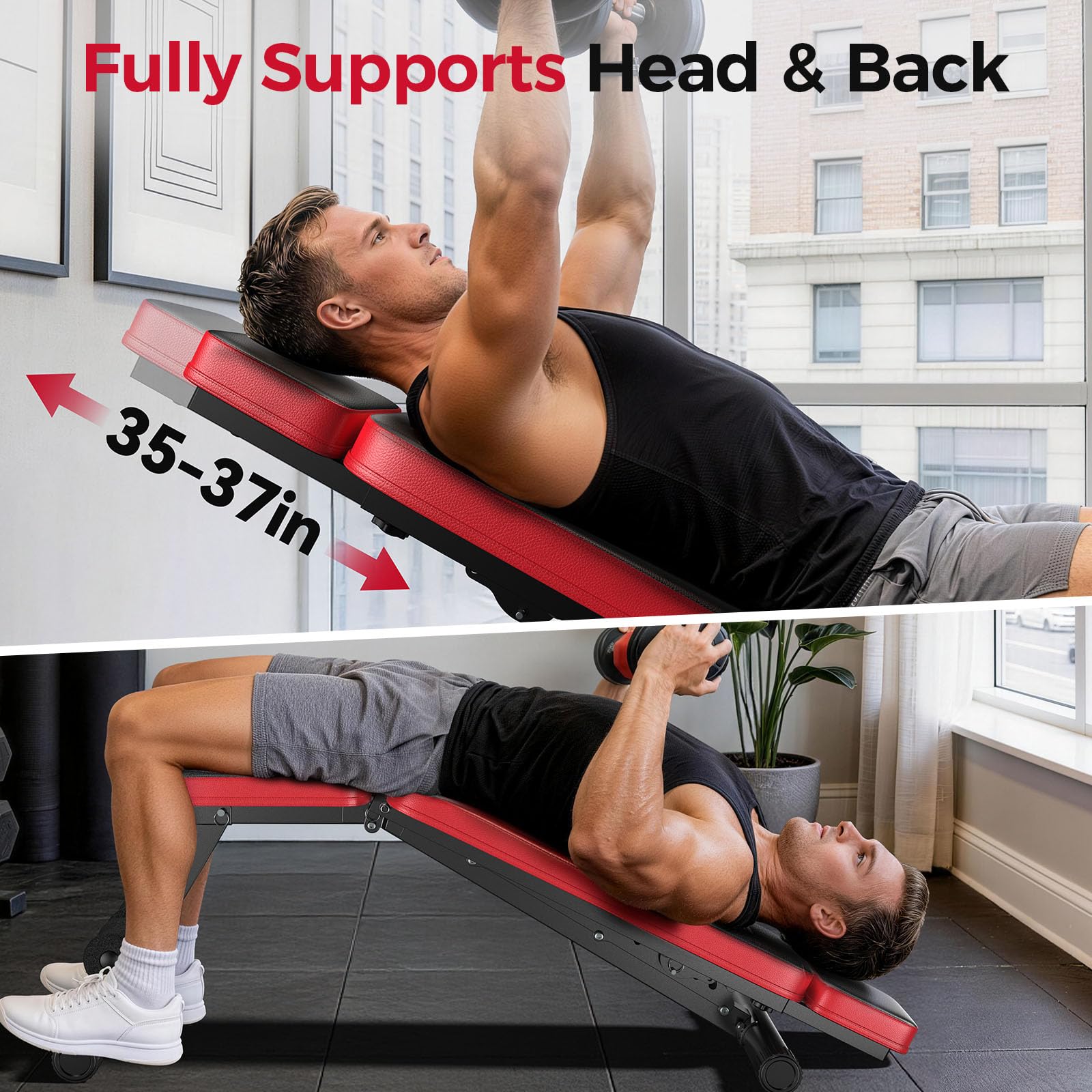 Nicepeople Adjustable Weight Bench up to 6'2", Dual-Support & ASTM-Tested Workout Bench & 10 Backrests for Chest Shoulders Arms for Home Gym, 660LBS Capacity but Compact and Foldable Strength Bench Apartment Room