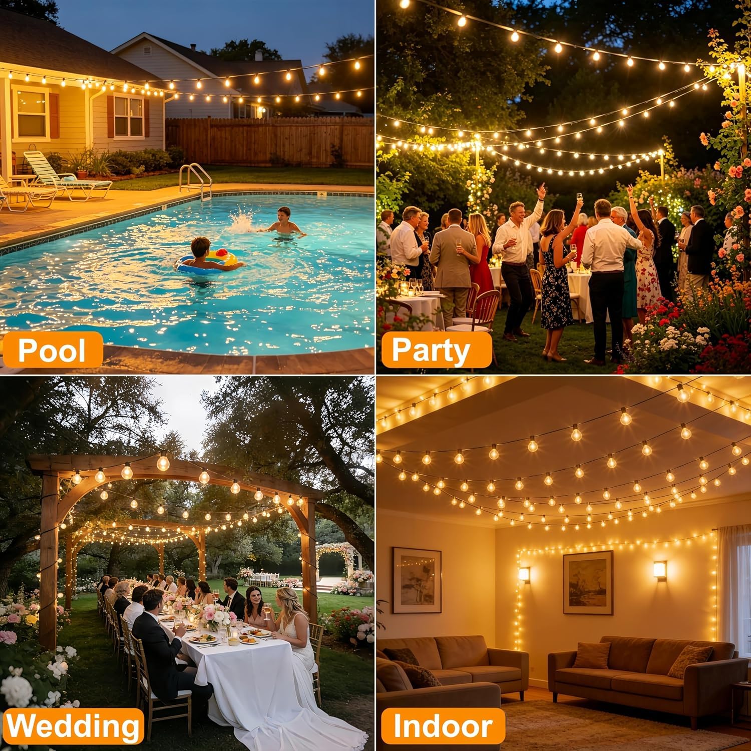 LED Lichterkette Außen 36M, Wasserdicht und Bruchsicher | Anschlussfähig Lichterkette Outdoor Strom mit 60+2 Glühbirnen Plastik, 2700K Warmweiß für Garten, Terrasse, Balkon