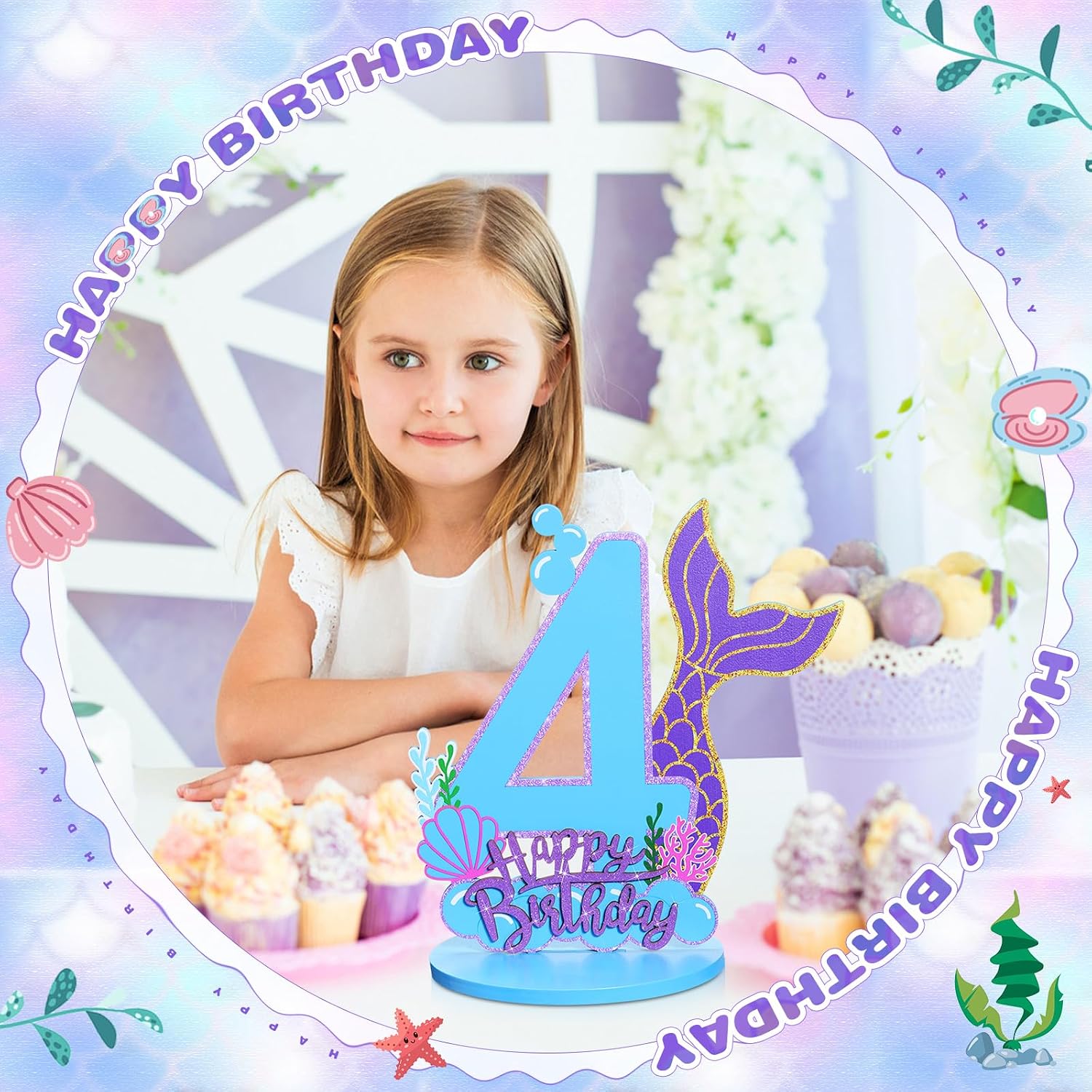 Mermaid Birthday Number Sign Centerpiece for Girls Wooden Mermaid Party Number Table Sign Decoration Supplies for Birthday Anniversary(Number 4)