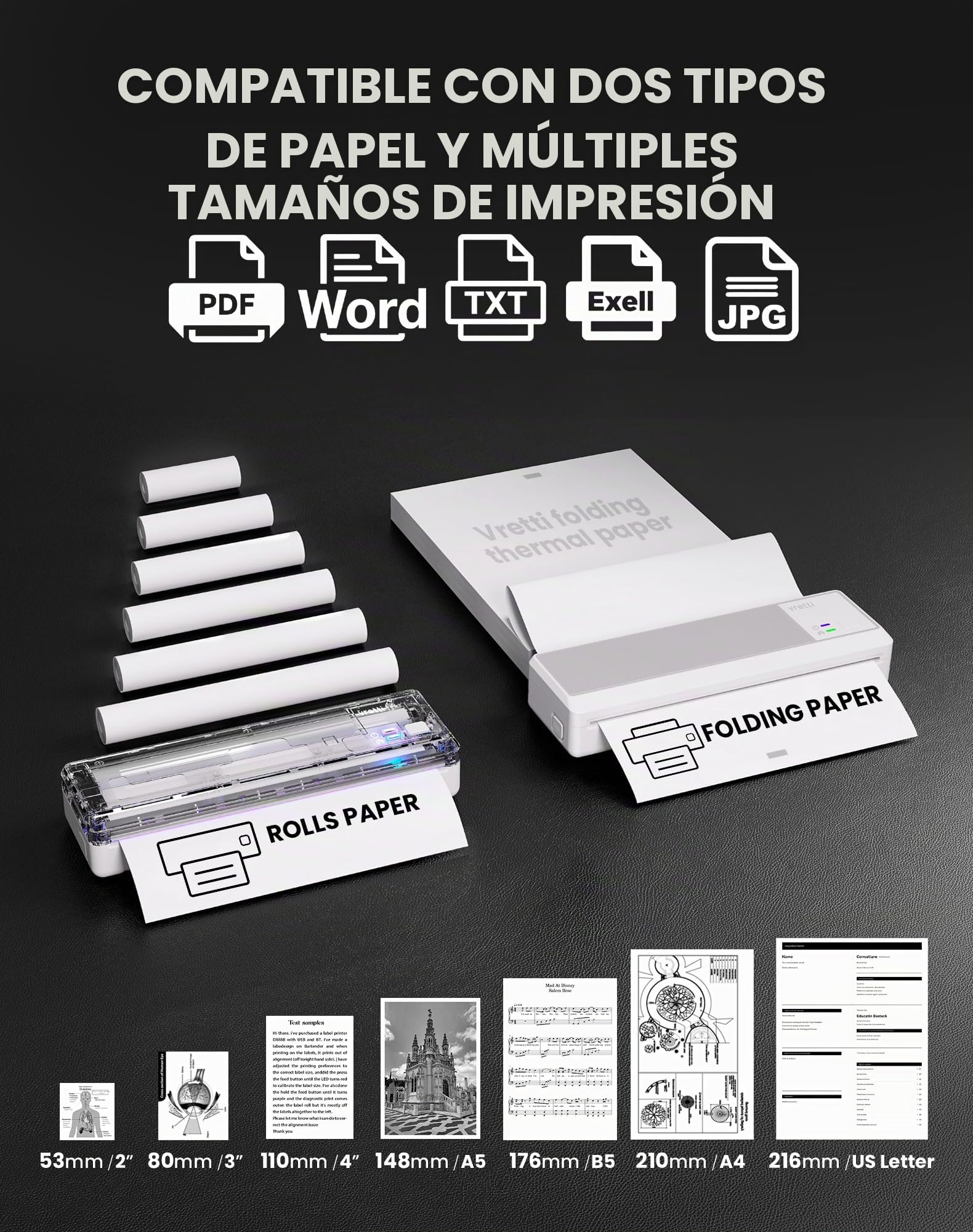 vretti Impresora móvil A4 para Viajes, Impresora térmica A4 Compatible con Android e iOS,Compatible con Papel térmico A4 de 210 x 297 mm para el hogar, Oficina