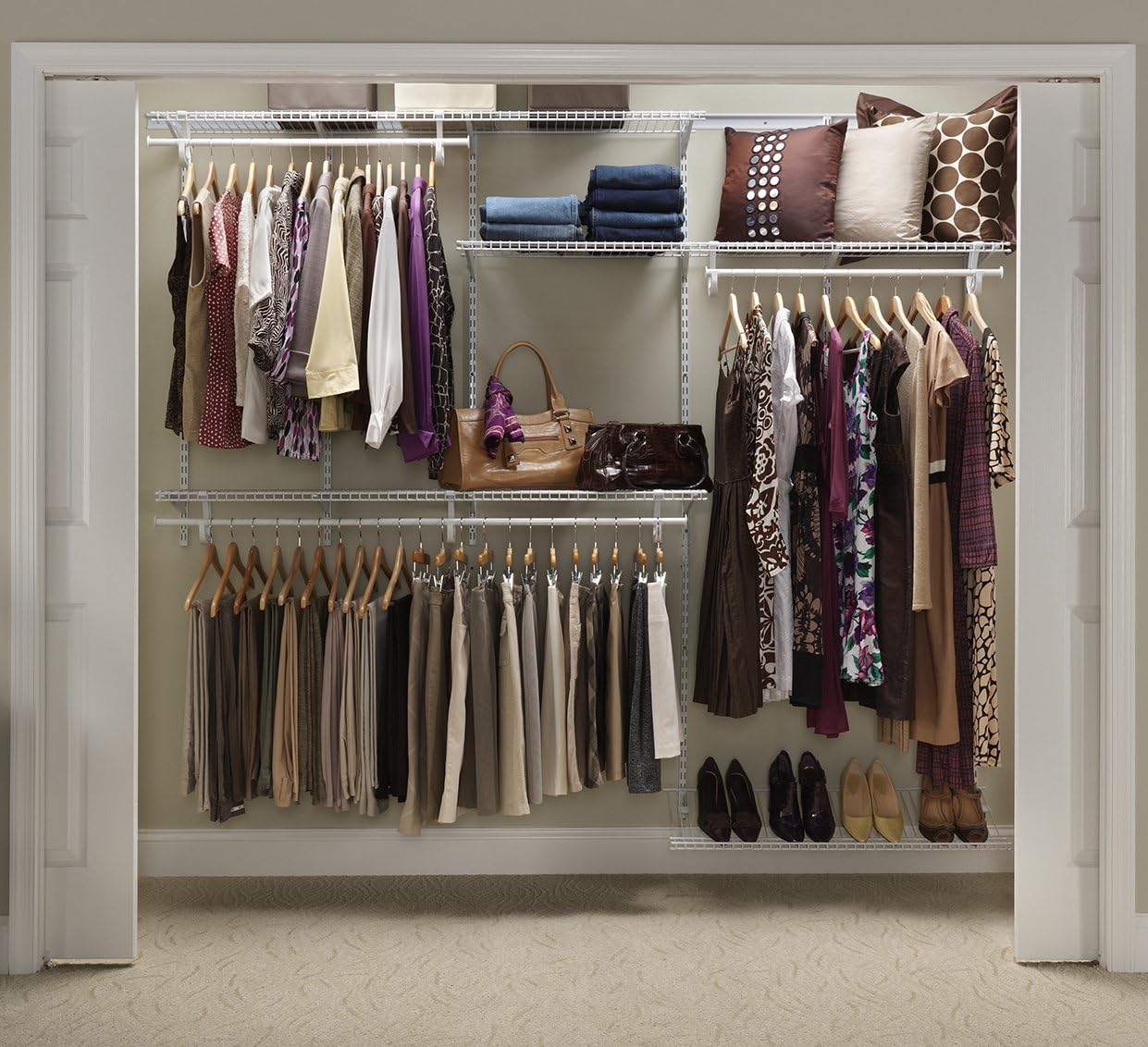 ShelfTrack Wire Closet Organizer System, Adjustable from 5 to 8 Ft., with Shelves, Clothes Rods, Shoe Shelf, Hardware, Durable Steel, White