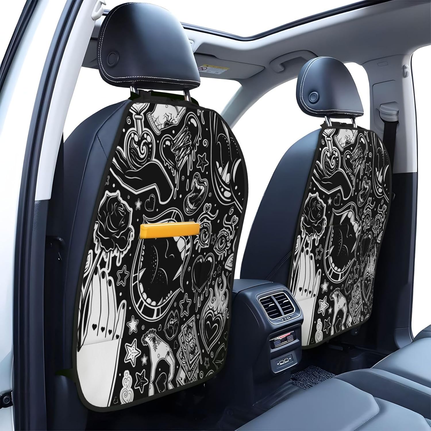Halloween Black White Roses 2-Piece Set of Car Seat Kick Protectors for Front Seat Backrests, Used for Car Rear Seat Backrests Protectors
