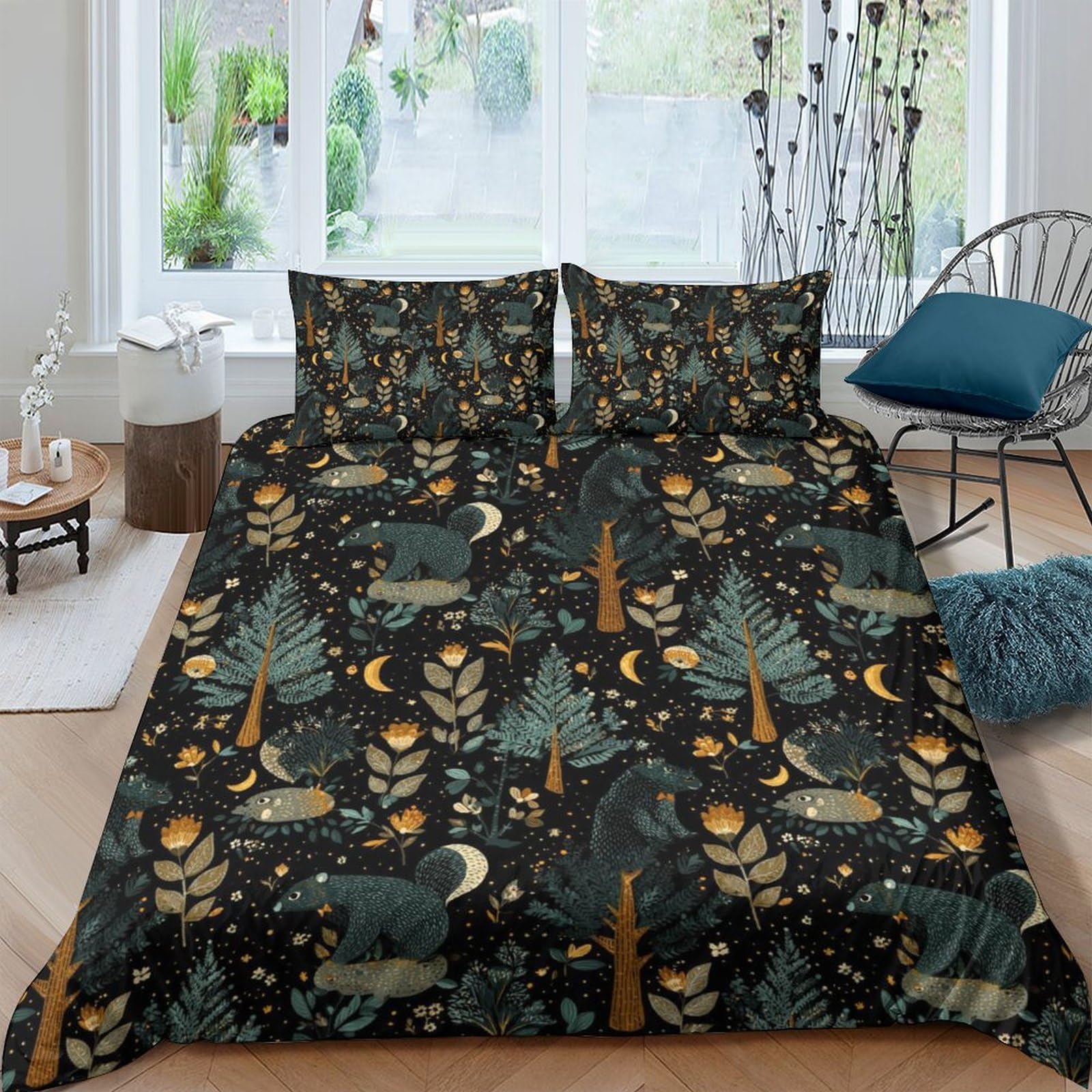 P5V6M1Q9 3D Printed Forest Moon Duvet Cover Microfiber Soft Breathable Night Sky Bedding Set with 2 Pillowcases for Bedroom Decor Single（135x200cm）
