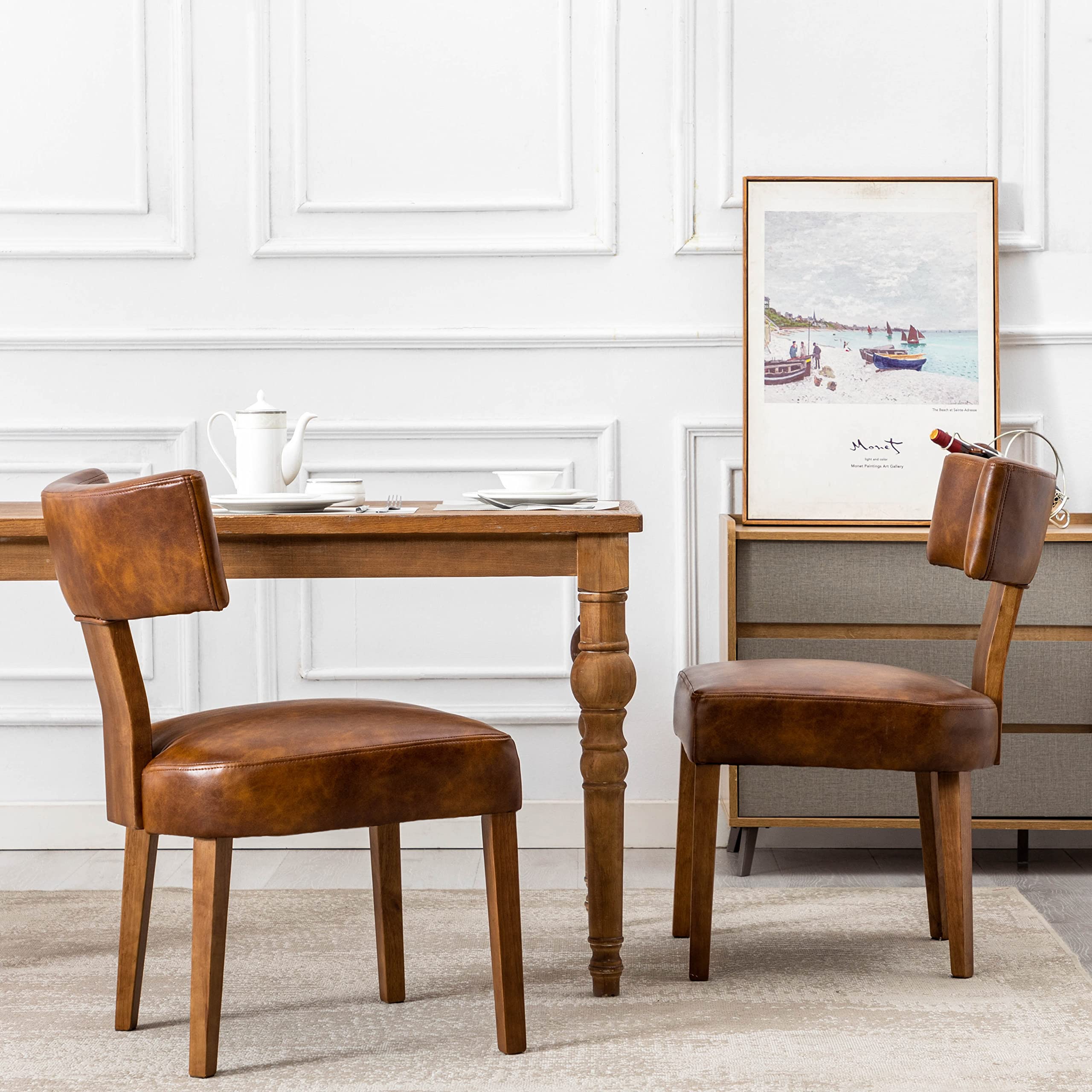 RIVOVA Mid Century Modern Dining Chairs Set of 2 PU Leather Upholstered Side Chairs, Modern Kitchen Armless Parson Chairs Solid Wood Dining Chairs,