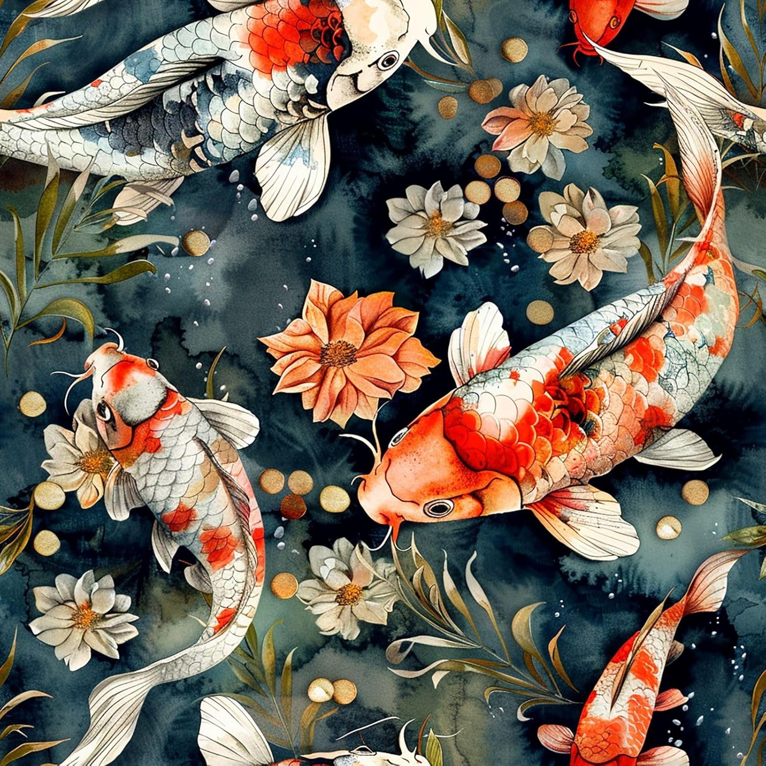 Red Chinoiserie Fish Floral Wallpaper Self Adhesive Peel and Stick Watercolor Vintage Vivid koi Leaf Contact Paper Removable Waterproof for Bedroom Renter Friendly 17.71"x236.2"