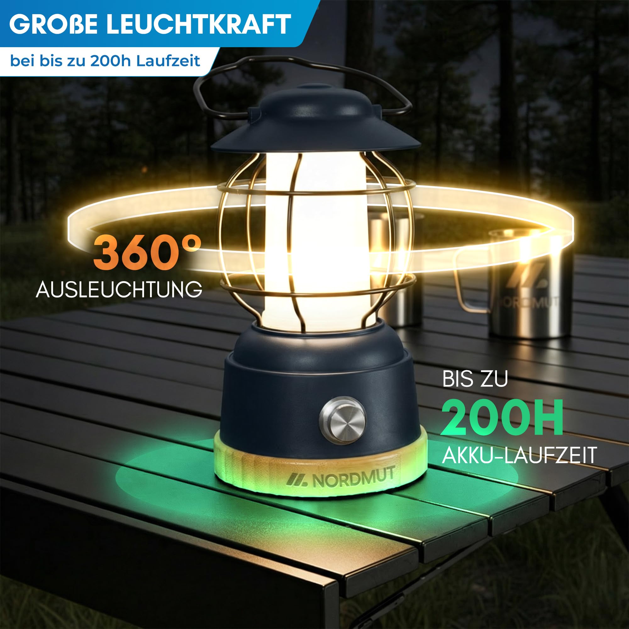 NORDMUT® Campinglampe aufladbar mit Powerbank [5200 mAh] IPX4 wasserdicht – Campinglampe dimmbar mit 200h Leuchtkraft – Leichte Campingleuchte Outdoor mit kompakten Packmaß (Schwarz)