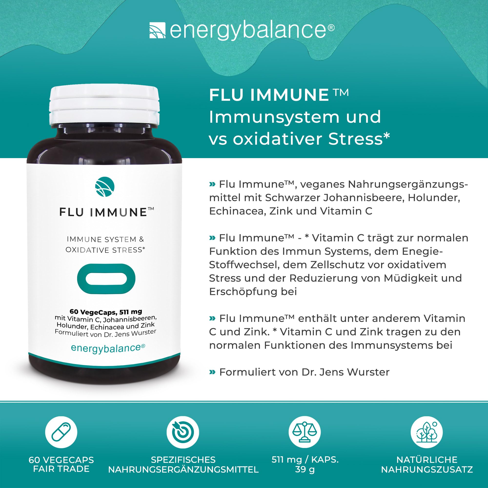 Flu-Immune 511mg - natürlicher Komplex - Hohe Bioverfügbarkeit - Antioxidantien - Vegan - Glutenfrei - Ohne Zusatzstoffe - 100% reine Zutaten - GVO-frei - Nahrungs-Äquivalent - 60 VegeCaps