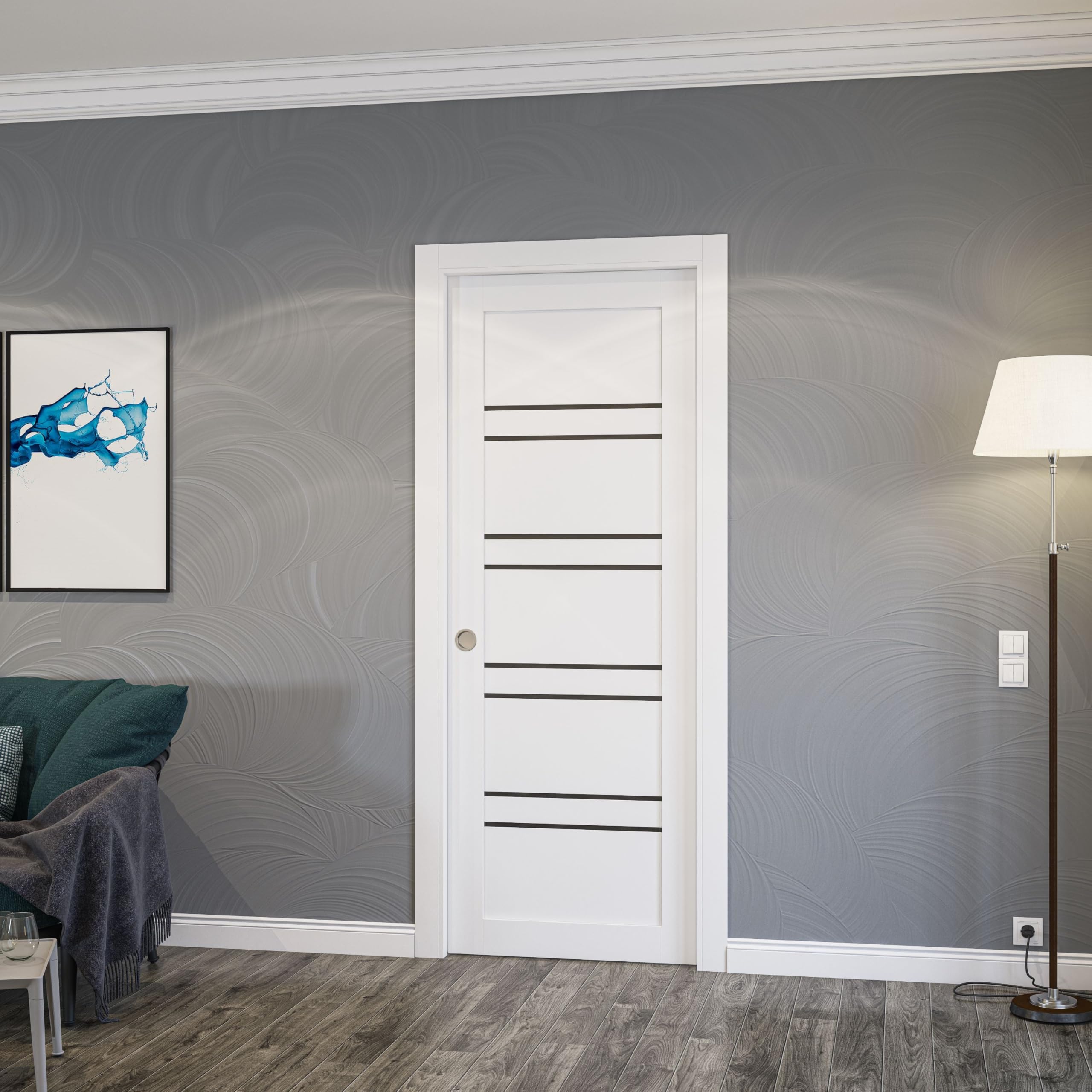 SARTODOORS Pocket Door 28 x 80 inches | Base 1094 White Pocket Door | Opaque Glass MDF Modern | Bathroom Pantry