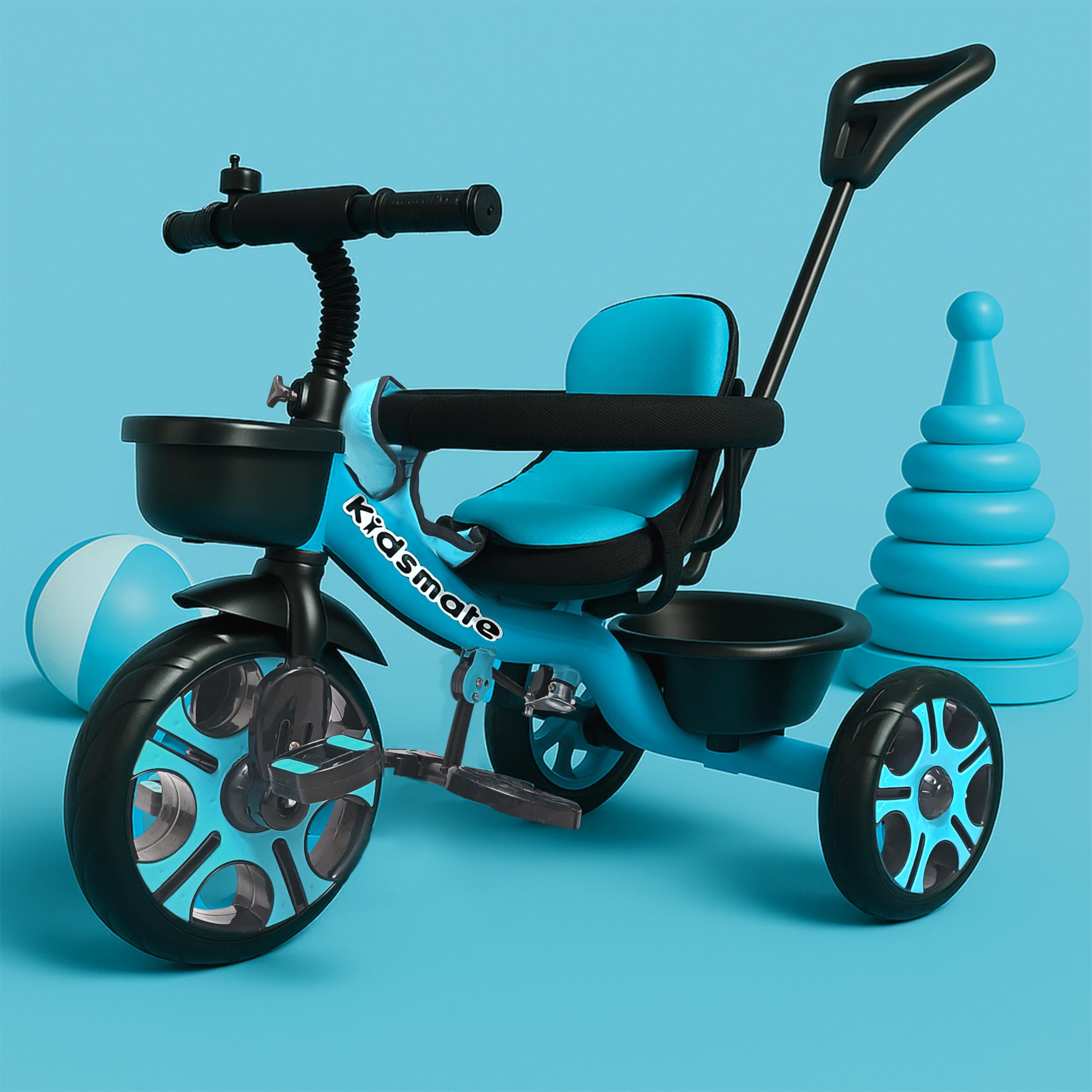 Kidsmate Thunder Plug N Play Kids/Baby Tricycle with Safety Guard Rail and Parental Control | Storage Basket | Fabric Cushion Seat & Bell for 12 Months to 48 Months Boys/Girls (Blue)