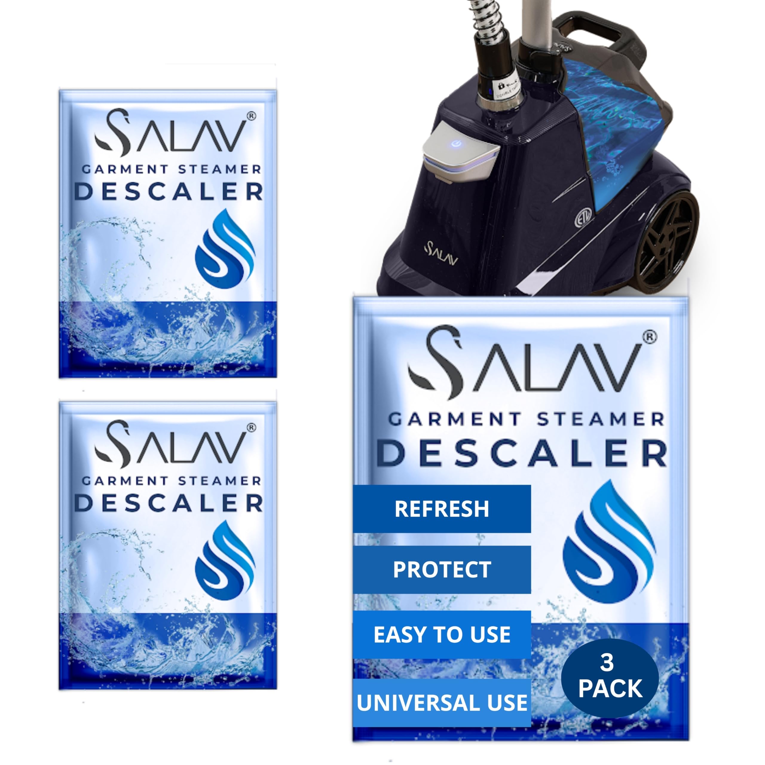 SALAV Garment Steamer Descaling Solution Decalcifier Packets for Mineral Deposits and Build-up Removal, Maintenance for Clothes, Works with all Garment Steamer Brands, Cleans Build Up, 3 packs