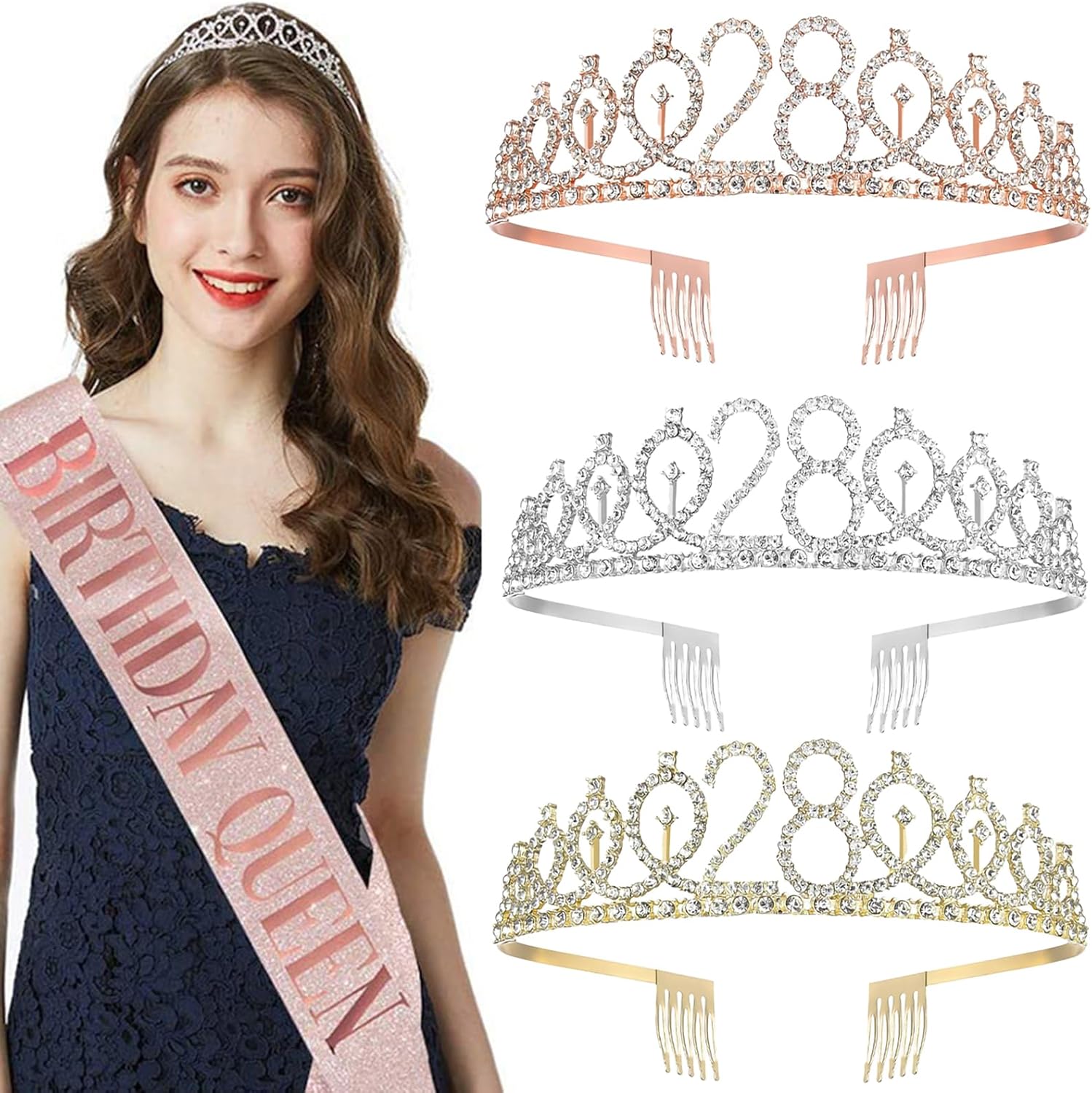 28th Birthday Sash and Tiara for Women, 28 & Fabulous Birthday Sash and Crown for Party Favors Supplies and Decorations, Silver - Image 6