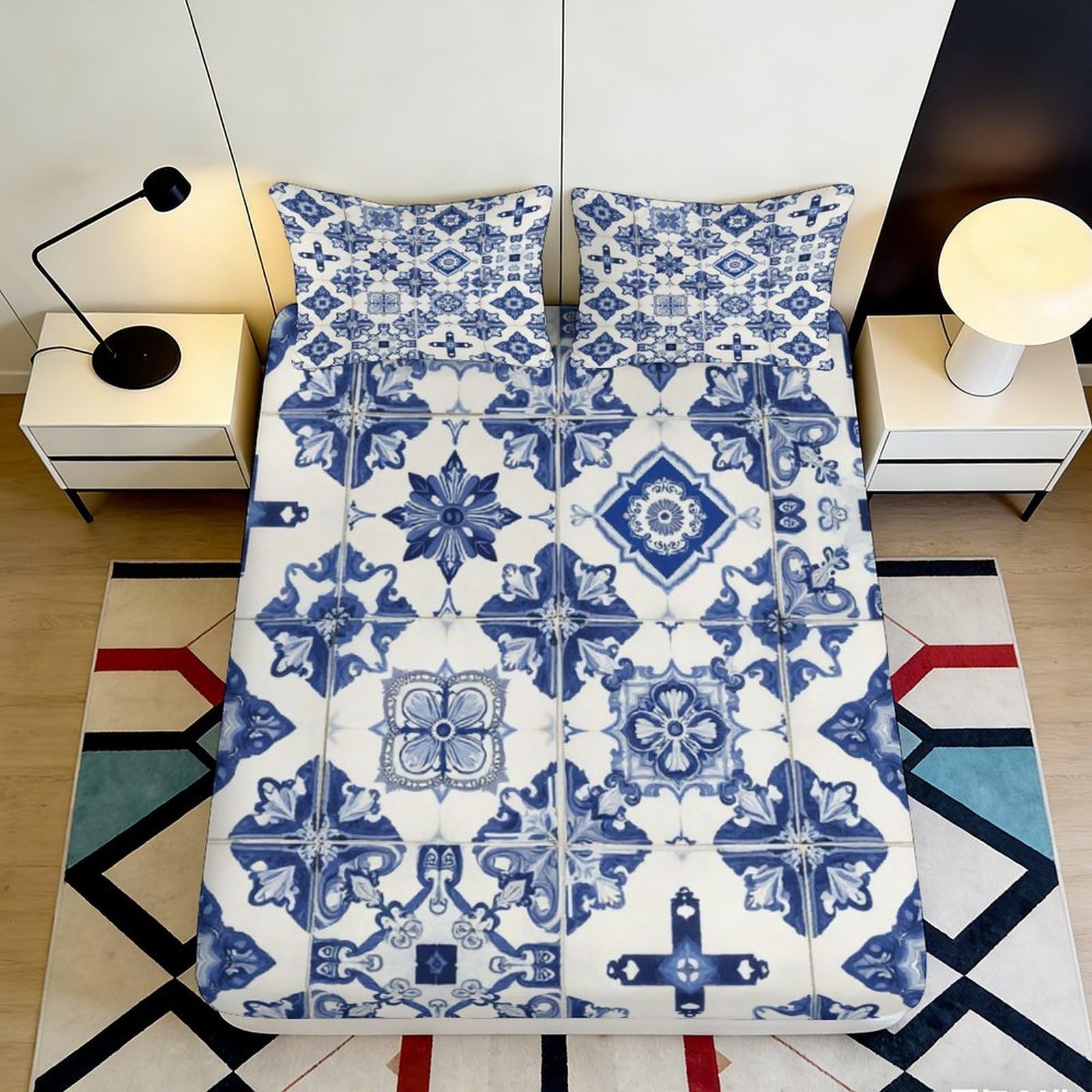 3D Printed Blue Mosaic Fitted Sheet Microfiber Soft Anti-Slip Geometric Tile Bed Sheet for Bedroom Guest Room Decor 90x200x25cm