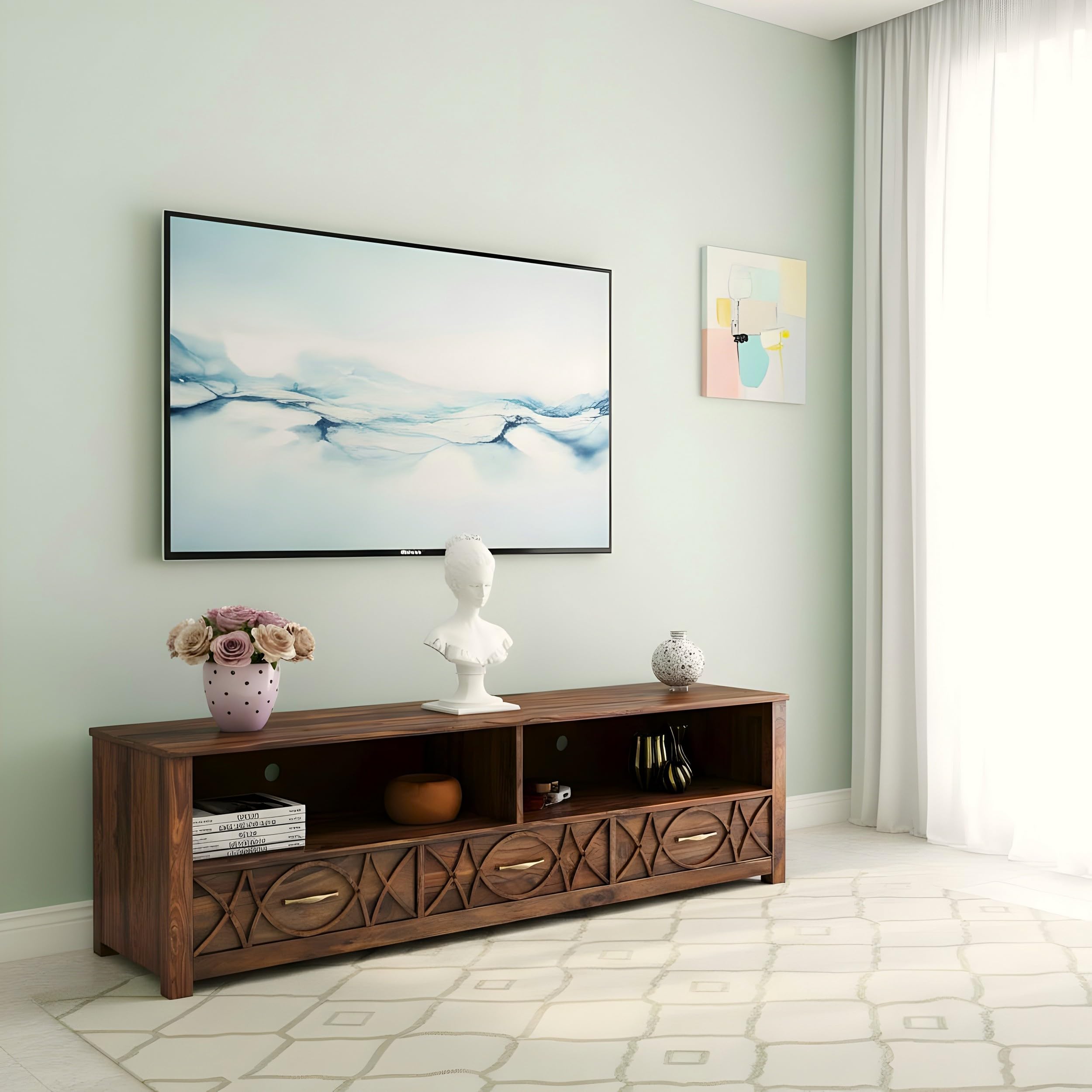 Ikiriya Vintara Sheesham Wood Contemporary TV Entertainment Unit/Wooden Cabinet/Display Unit for TV Upto 65 inch in Teak Finish for Living Room | Hotel | Hallway | Bed Room etc-image-42