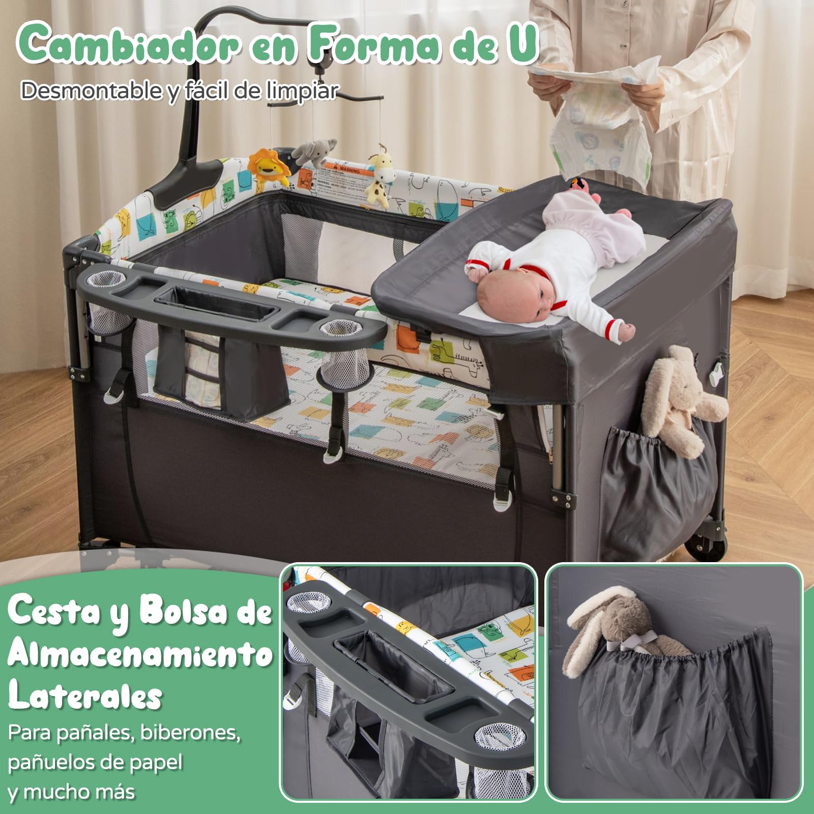 RELAX4LIFE 5 en 1 Cuna Bebé con Colchón, Cambiador, Juguete Colgante, Ruedas Bloqueables y Altura Ajustable en 4 Niveles, Cuna de Viaje para Niños 0-36 Meses (Gris)
