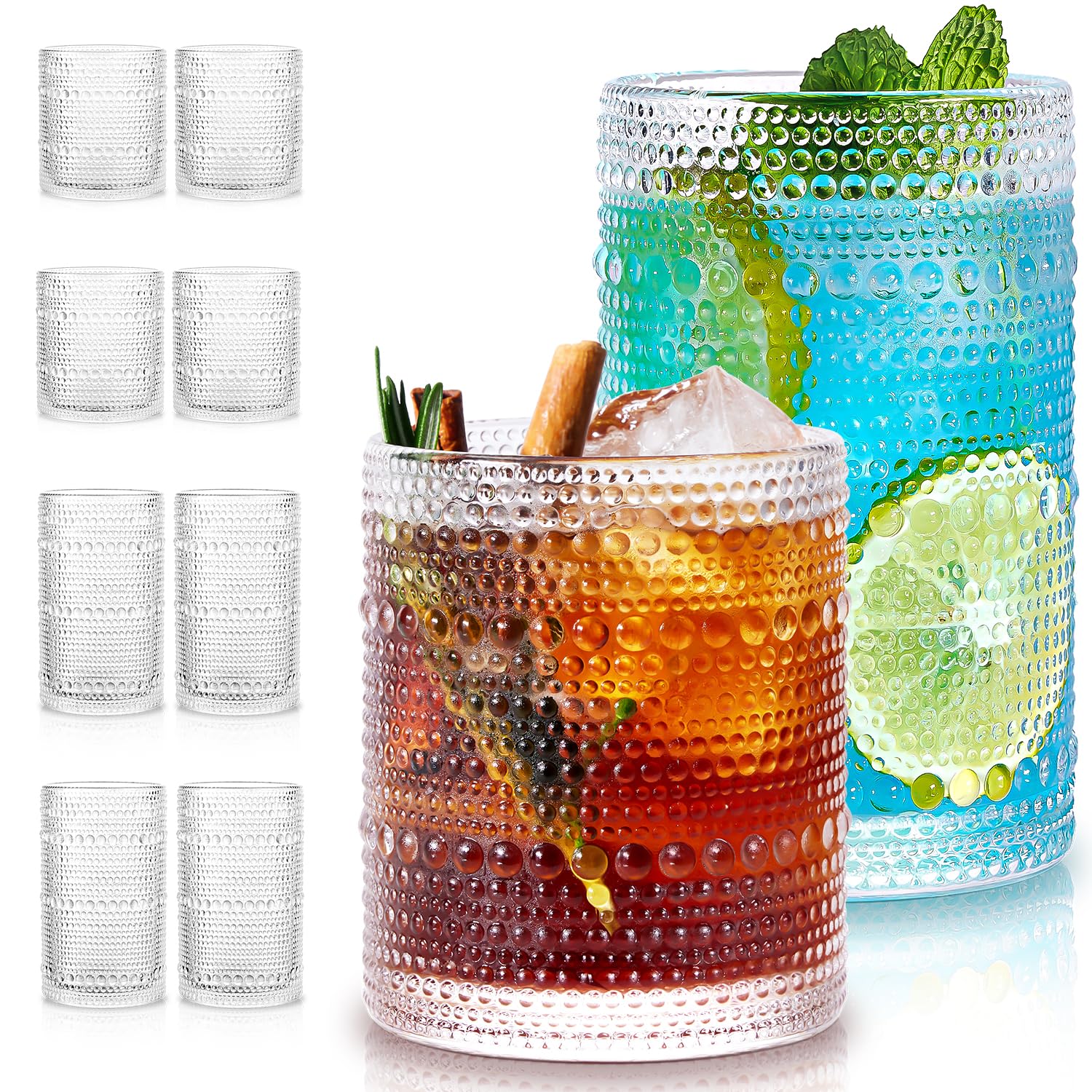 Hobnail Drinking Glasses Set of 8 4 Highball Glasses 15oz 4 Rocks Glasses 12oz Mixed Drink Cocktail Glass