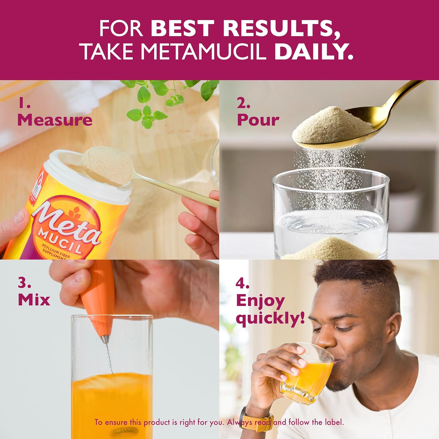 Metamucil, Daily Psyllium Husk Powder Supplement, Sugar-Free, 4-in-1 Fibre for Digestive Health, Orange Smooth Flavored Drink, 114 Servings - Image 7