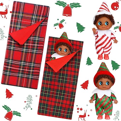 Skylety 2 muñecas elfas navideñas para niños y niñas, mini gemelos y 2 bolsas de dormir de Navidad a cuadros rojos para decoración de Navidad