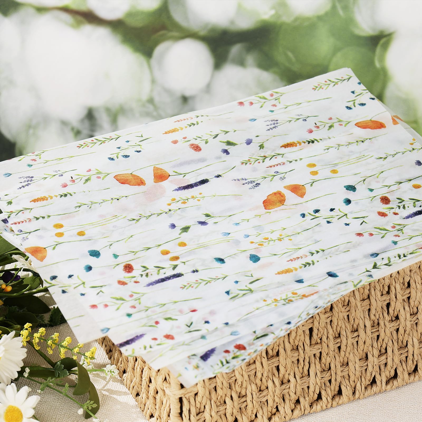 100 arkuszy bibuły wiosennej, dzikich kwiatów, 20 x 14 cm, vintage, lawendowy, czerwony, mak, do majsterkowania, na urodziny, baby shower, ślub, wieczór panieński, herbatę, przyjęcie, dekoracja, 100