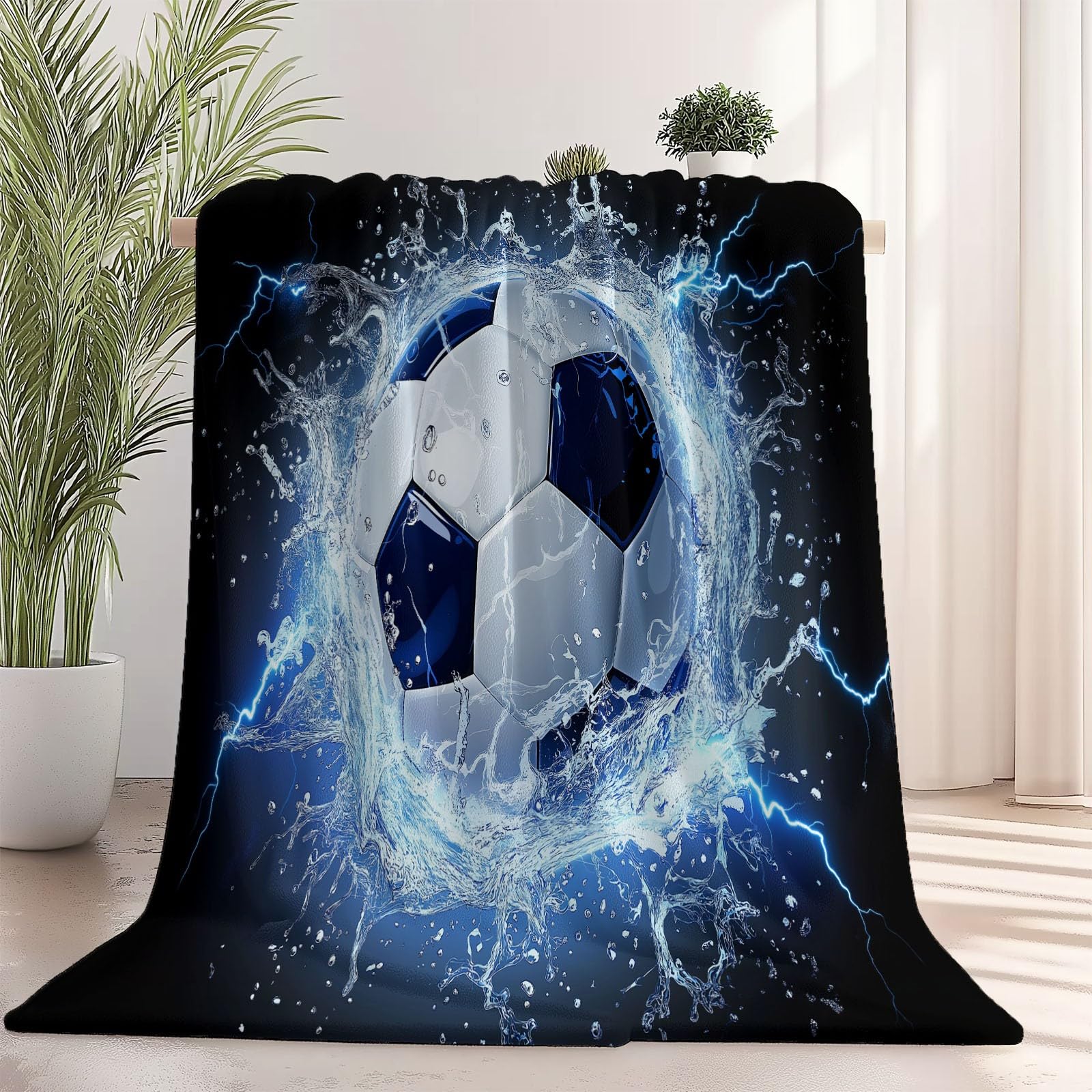 220 x 240 cm Koc sportowy do piłki nożnej Puszysty ciepły koc flanelowy, czarny, niebieski polar, kocyk dla dzieci Dorosły, ciepły, na sofę, narzuta na sofę