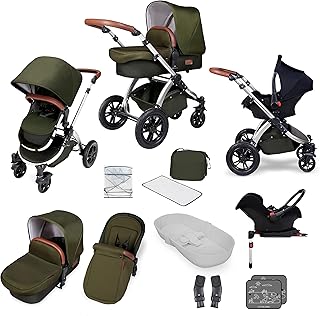 Ickle Bubba Stroller, Baby Travel System | Bundle incl Rear and Forward-Facing Pushchair, Car Seat, ISOFIX Base, Carrycot, Footmuff and Raincover | Stomp V4 Special Edition, Woodland Chrome
