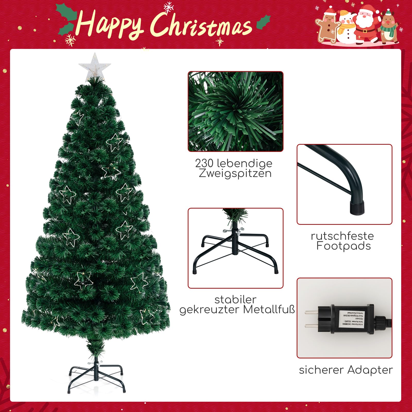 COSTWAY Künstlicher Weihnachtsbaum mit Beleuchtung, 180 cm Tannenbaum aus Glasfaser mit 36 warmweißen LED-Lichtern & 230 Zweigspitzen, Christbaum Kunstbaum beleuchtet mit Sternspitze für Zuhause Büro