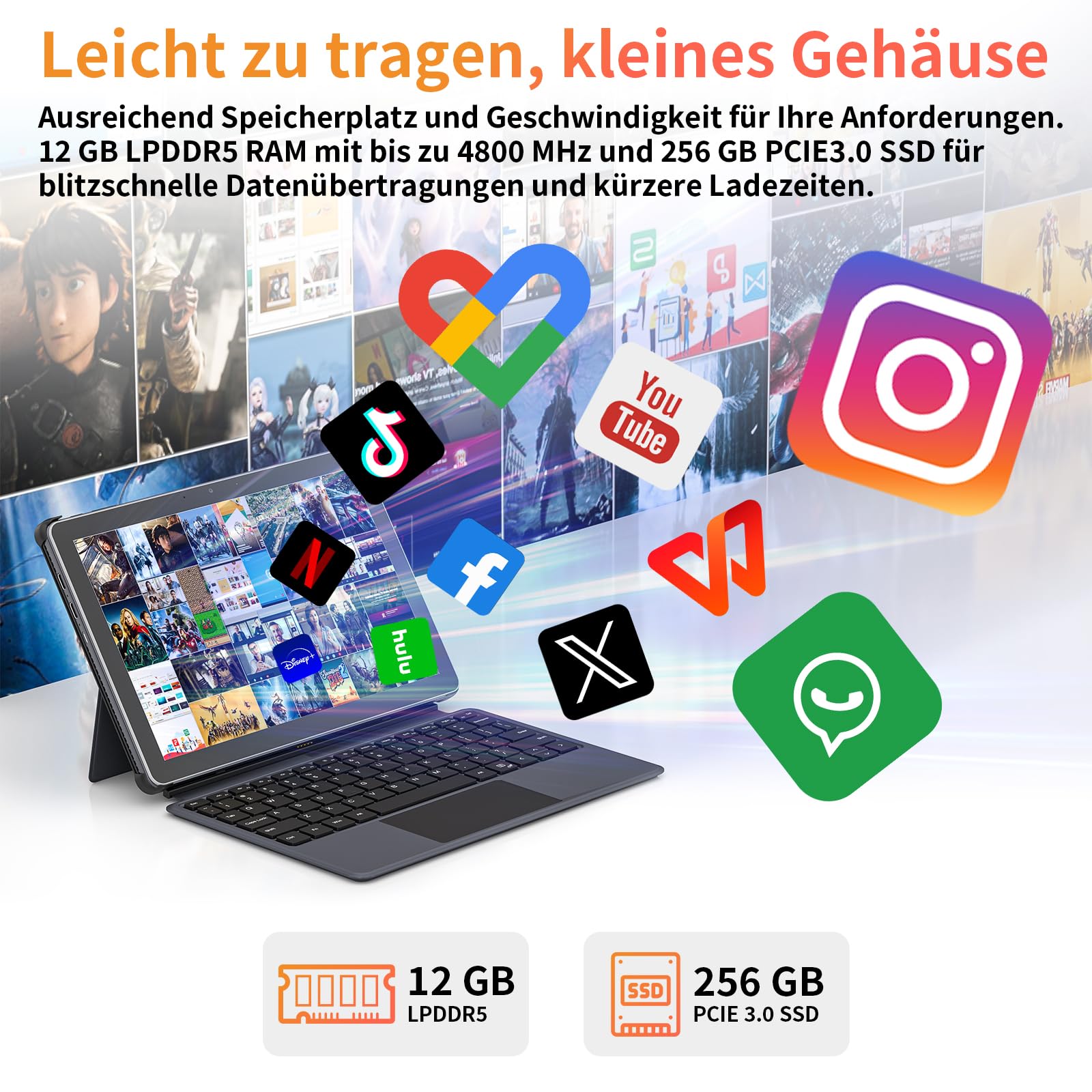 AWOW AIBOOK 11 10,1 Zoll 2-in-1 Tablet PC mit Deutsch-Tastatur – 12GB LPDDR5 RAM, 256GB PCIE3.0 SSD,Alder Lake N95, Touchscreen, Dual-Band WiFi, USB-C, HDMI, 8MP Kamera
