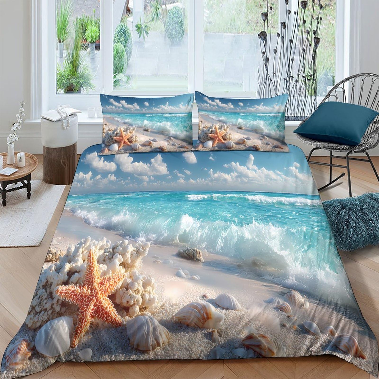Ctjqhvkz Style-6 3D Printed Ocean Beach Fitted Sheet Microfiber Soft Sand Starfish Mattress Cover For Bedroom Guest Room Easy Care Single（135X200cm）