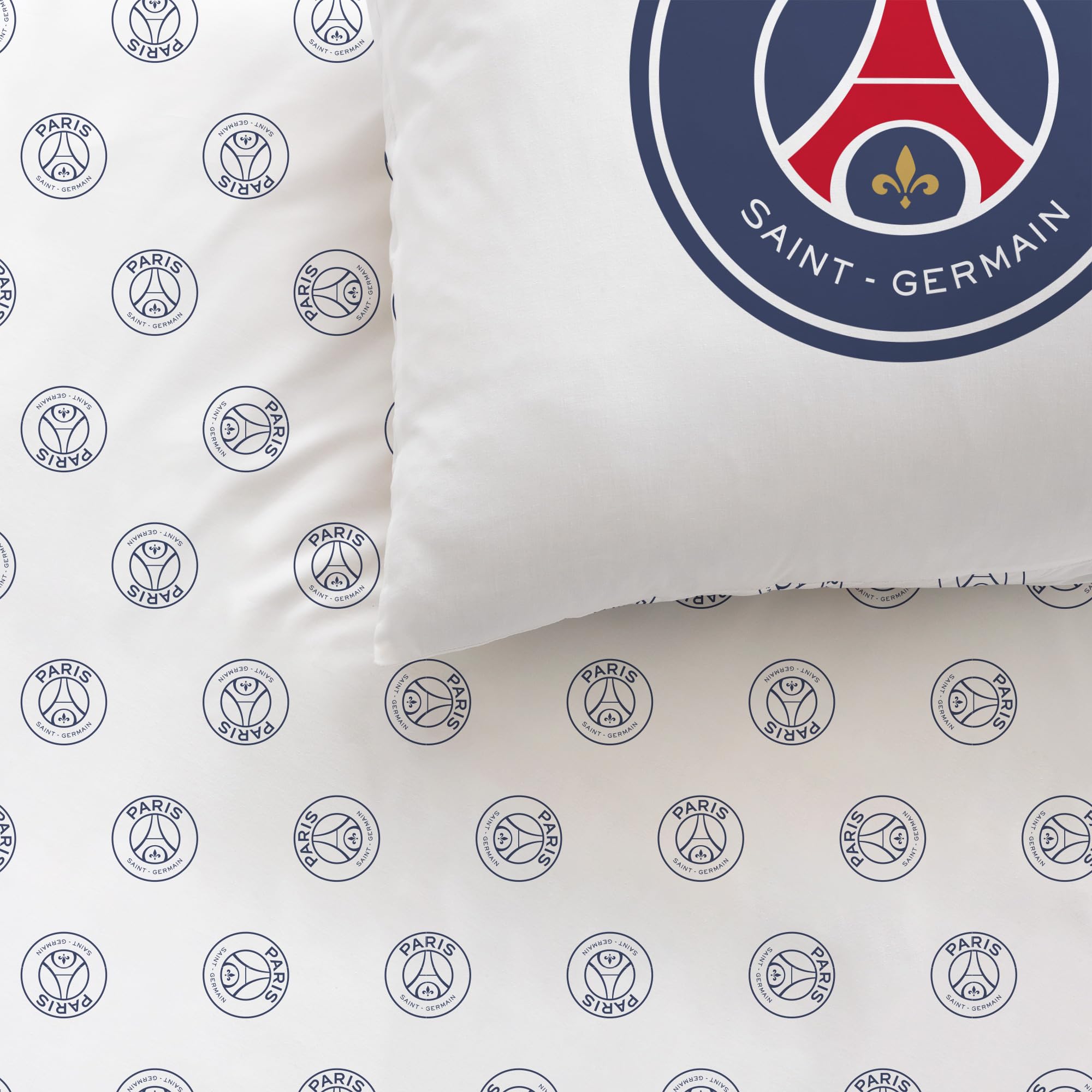 OMYDREAM PSG Tour Parure de lit imprimée 100% Coton - Licence Officielle | Housse de Couette 140x200 cm + 1 taie 63x63 cm | Fermeture boutons | Chambre enfant, lit 1 place | Certification Oeko-Tex