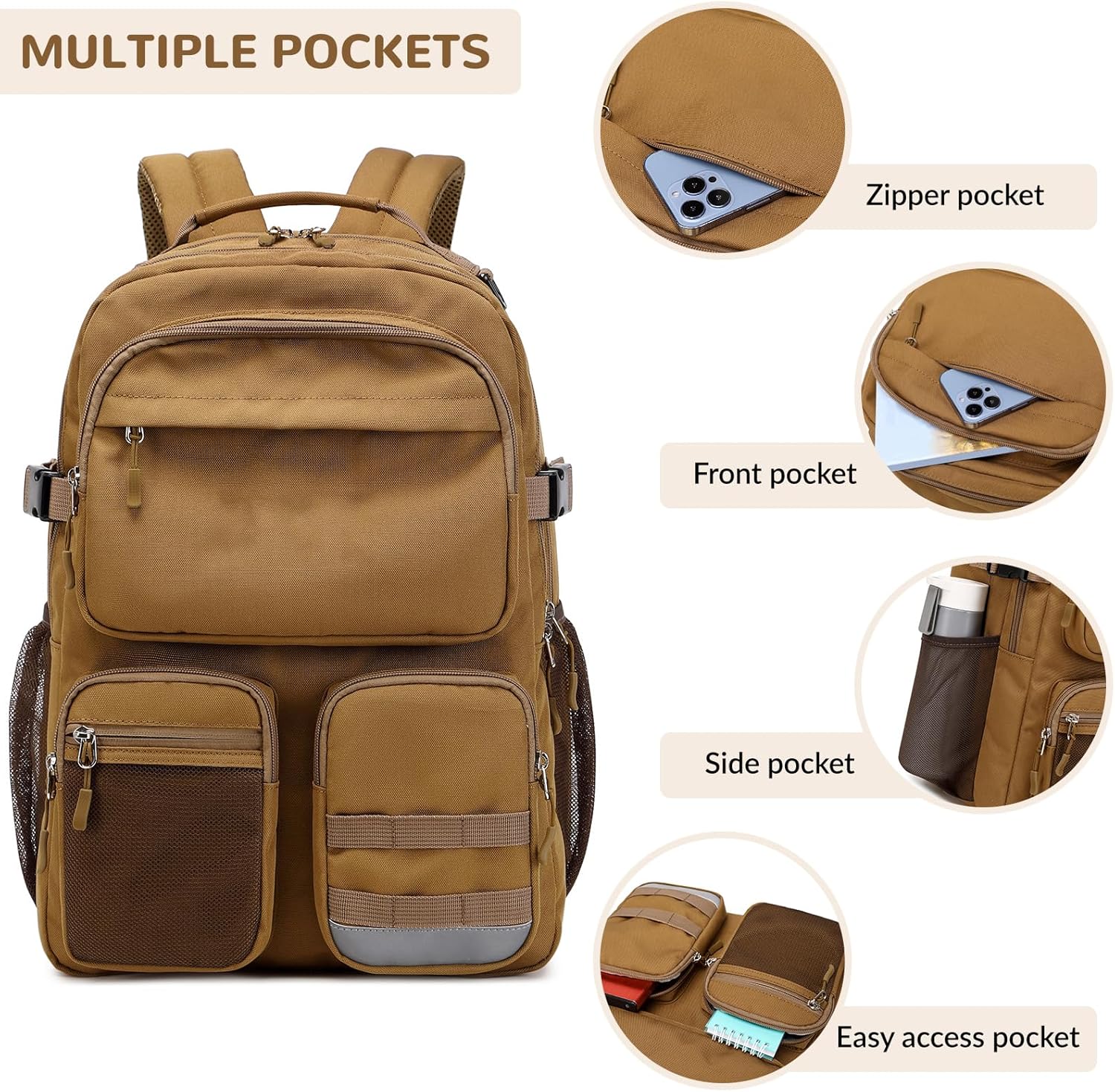 Lohol Water Resistant Backpack with Multifunctional Pockets for Teens, Durable Bookbag fits 15.6 inch Laptop for School Travel College, 25L (Brown) - Image 7