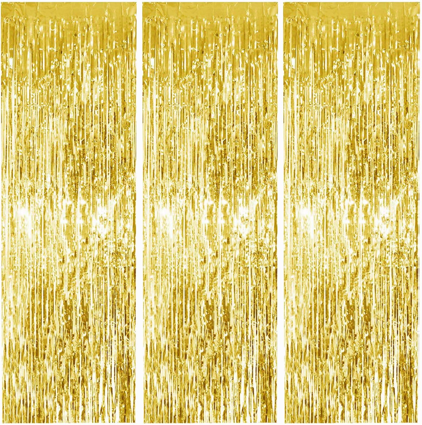 TONIFUL 3 Packs Gold Metallic Foil Fringe Curtains Streamers Backdrop | 3.3 x 6.6 ft Metallic Tinsel Streamers Photo Booth for New Year Birthday Graduation Bachelorette Wedding Party Decorations