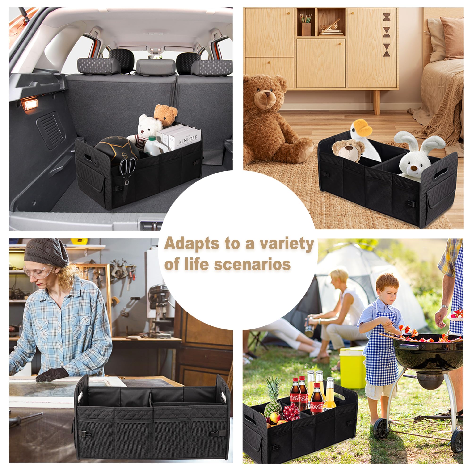 JiatuA Car Trunk Organizer for SUV, Car Storage Organizer Collapsible Multi Compartment Container Box, Adjustable Car Accessories for Women/Men, Black