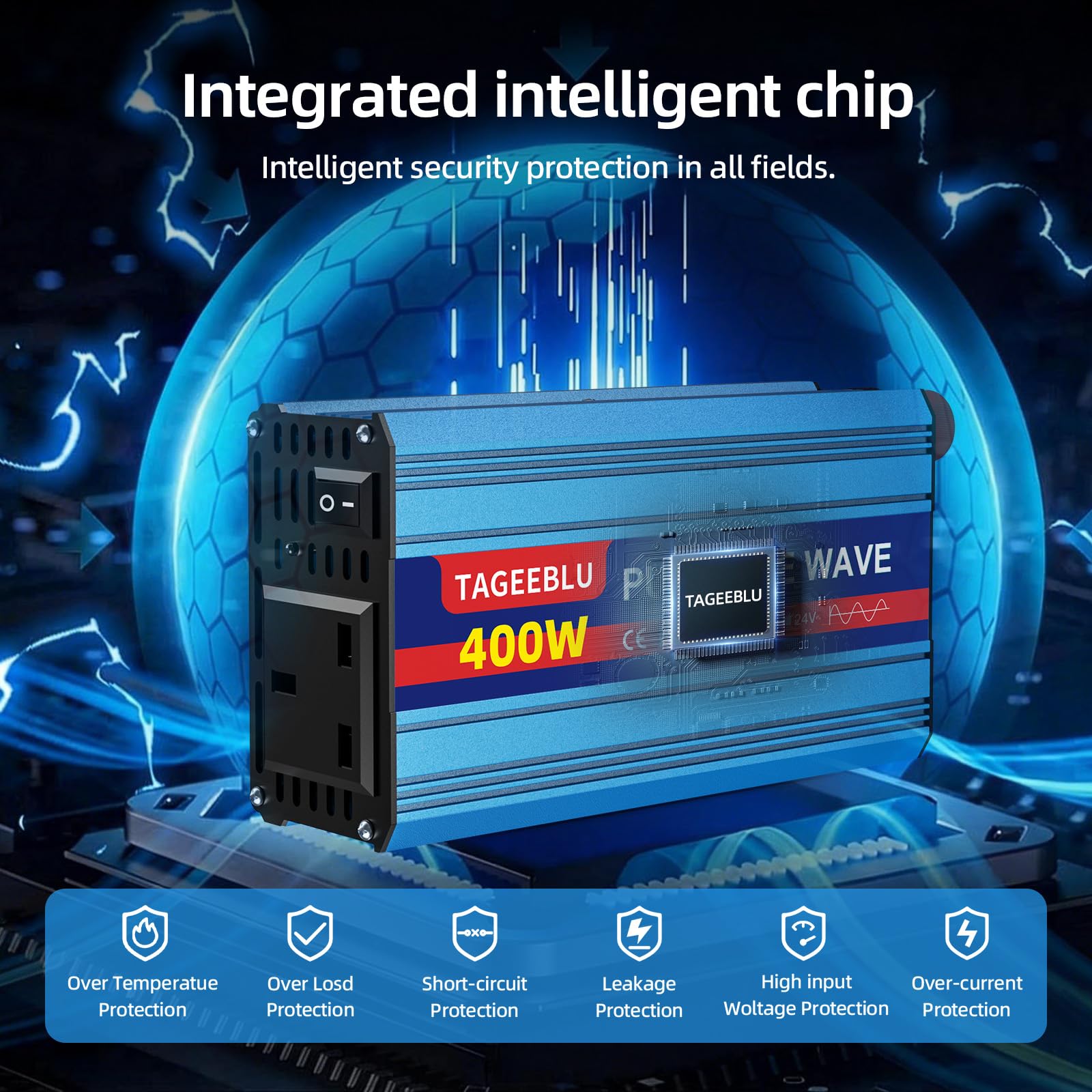 Pure Sine Wave Power Inverter 400w DC 12V to AC 240V Voltage Converter with AC Outlets,digital display,and safety switch,for Motorhomes,Trucks,Boats,Camping,800W Peak Power - 2