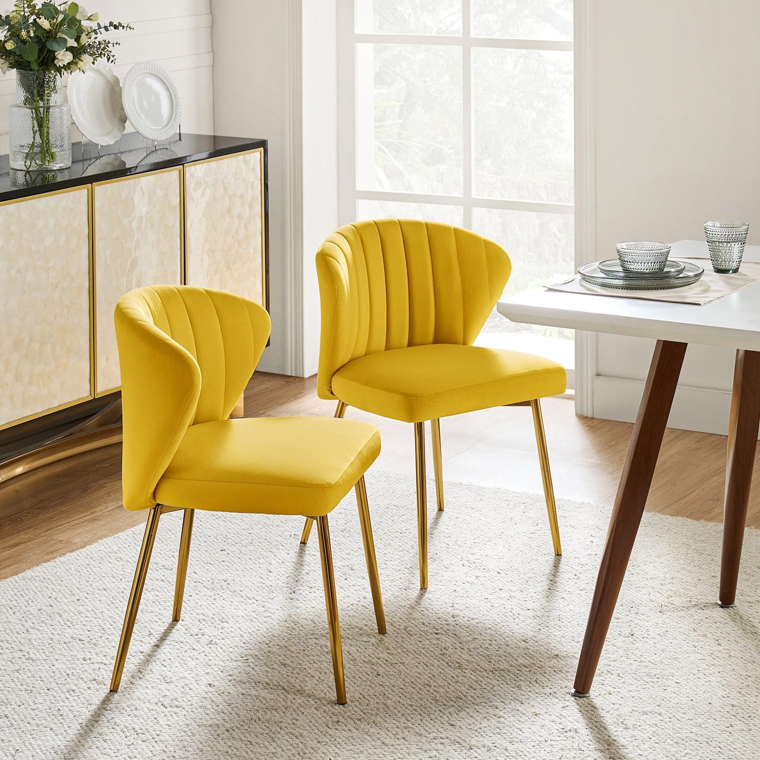 Sepnine Set de 2 sillas de Terciopelo con Patas de Metal para Comedor, Cocina, salón, Dormitorio o Sala de reuniones, Amarillo