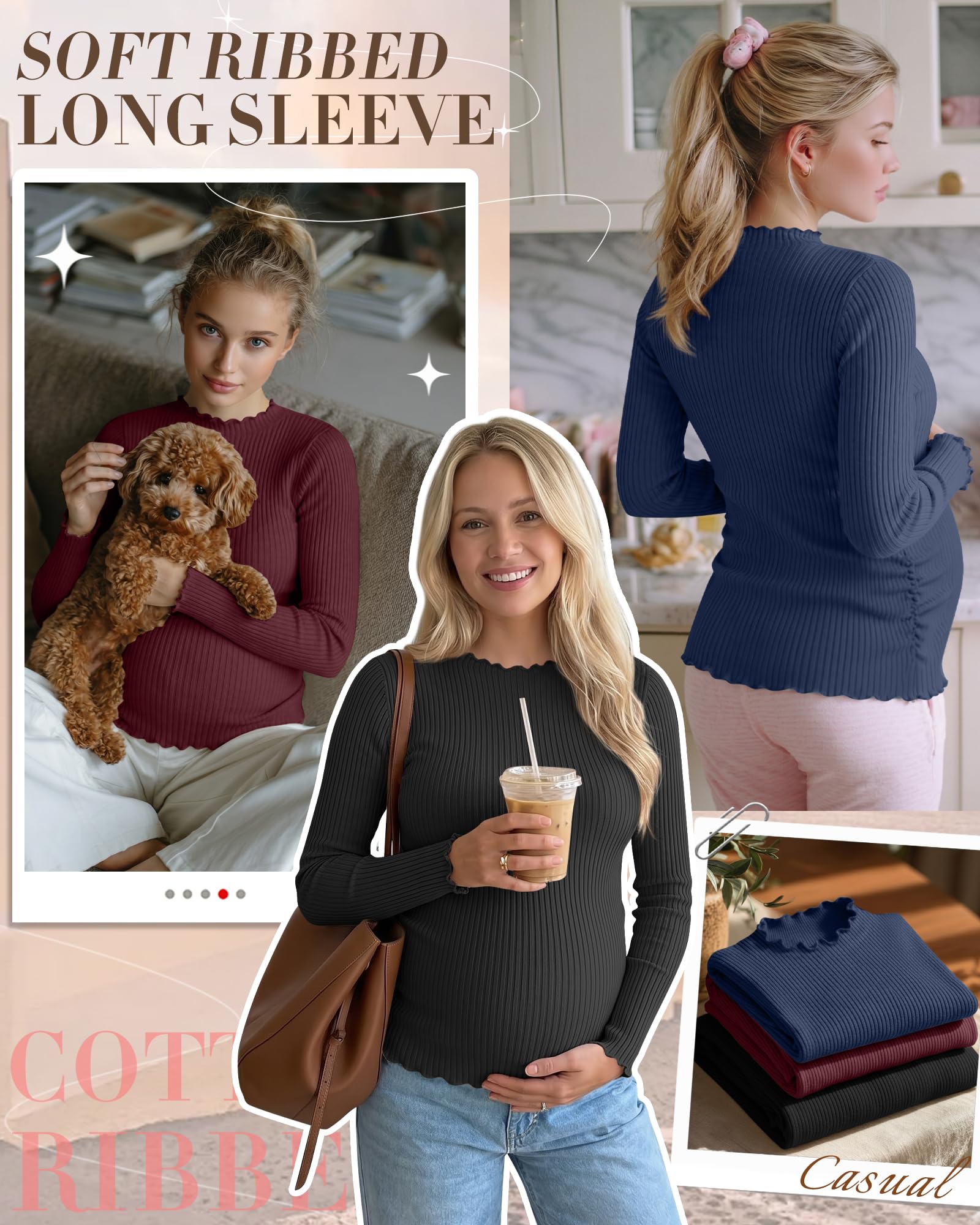 Geyoga 3er-Pack Umstandsshirts für Damen, gerippte Stricktops, langärmelig, Stehkragen, Basic-Tunika, Herbstkleidung