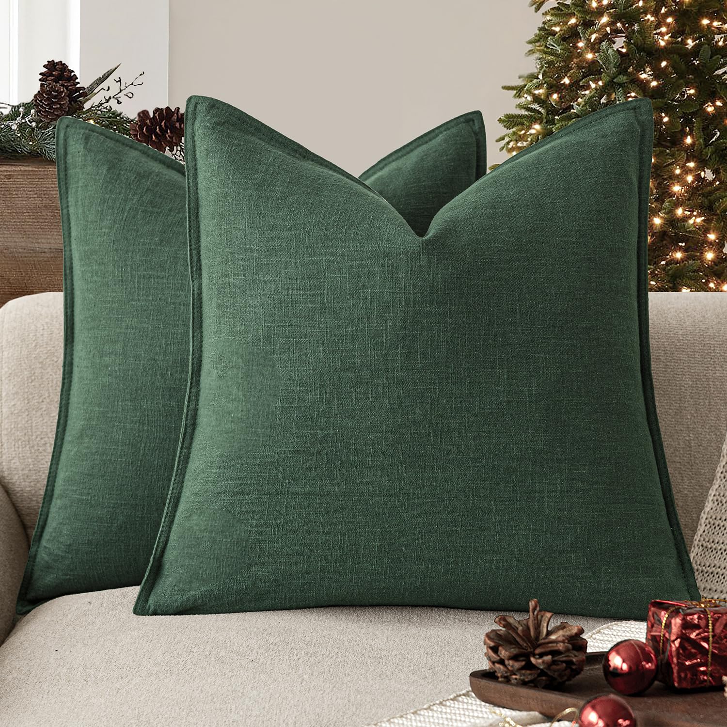 Foindtower Set of 2, Decorative Linen Soild Throw Pillow Covers Soft Accent Euro Cushion Case Farmhouse Neutral Pillowcase for Chair Couch Sofa Bedroom Living Room Home Decor 26 x 26 Inch Pine Green