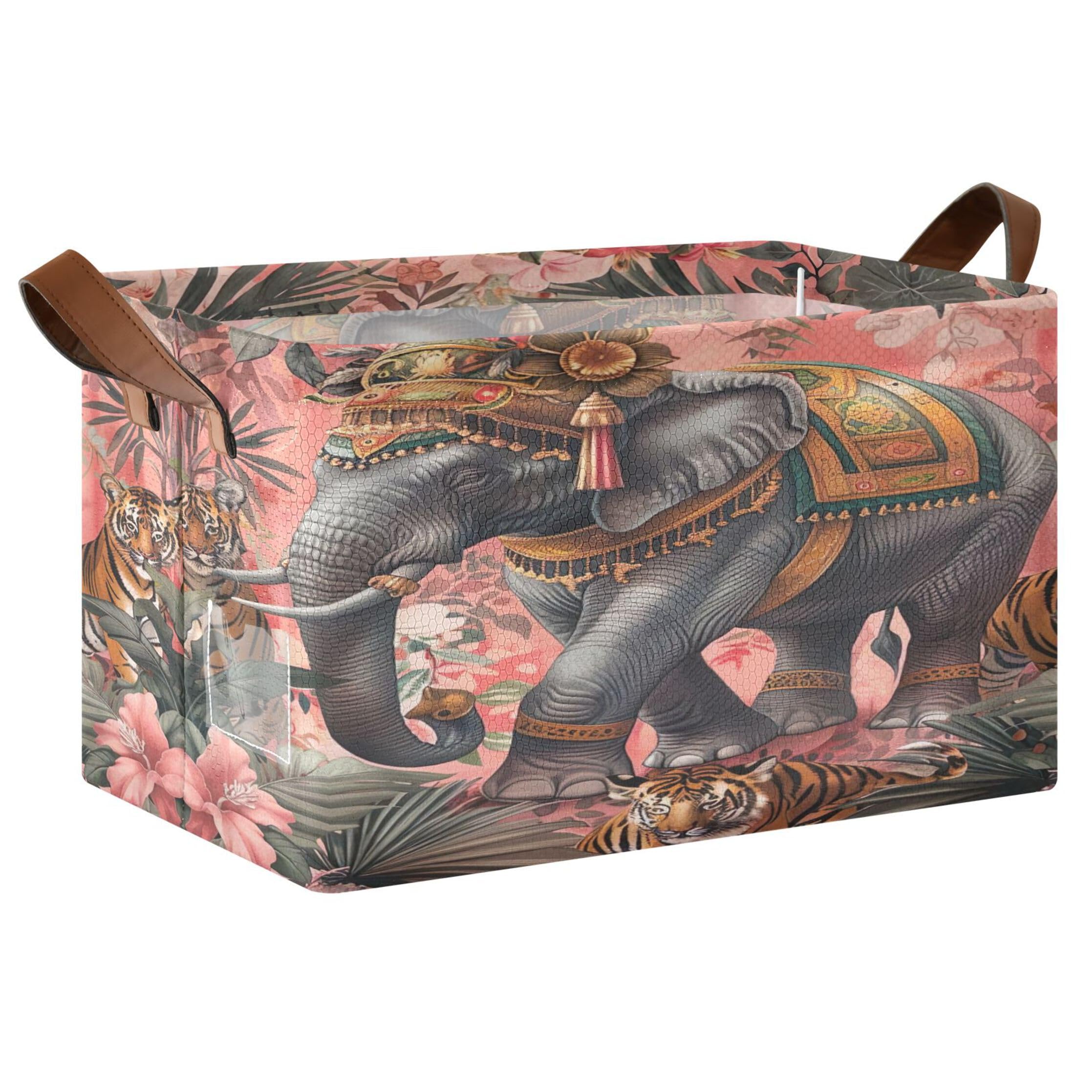 Kutsu Foldable Storage Basket Boho Elephant Collapsible Storage Bin with Handles for Shelves, Rectangle Basket for Home Nursery Decor, 16.9x11.4x10 in