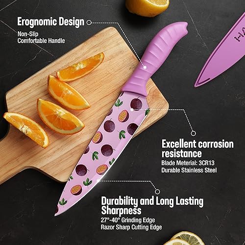 Miniatura 3 de HAUSHOF Juego de cuchillos de cocina, juego de cuchillos coloridos de 12 piezas con fundas, cuchillas de acero inoxidable con revestimiento