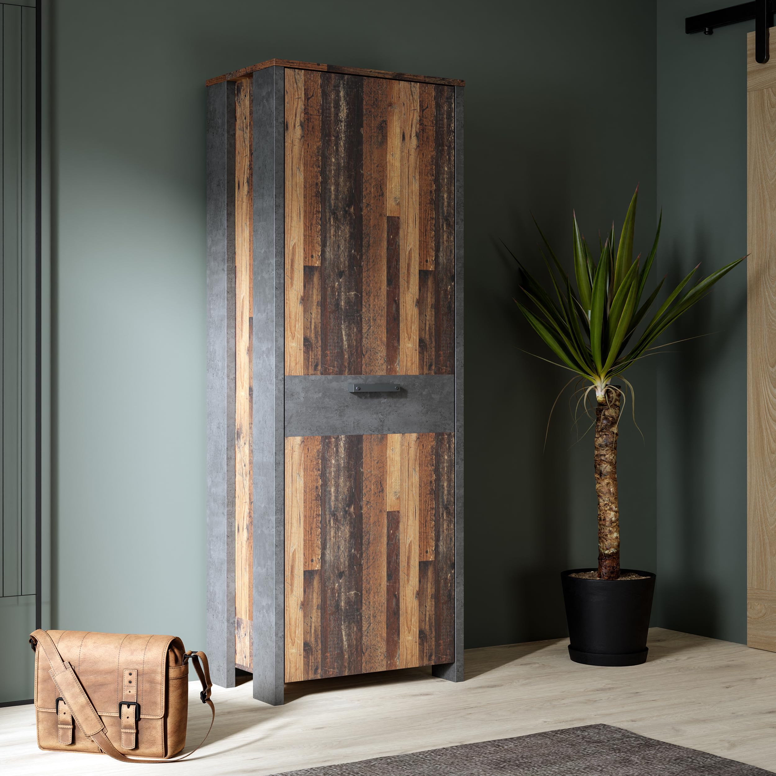 Forte Clif Kleiderschrank 67, Rustikaler Drehtürenschrank mit 1 Tür und Einlegeboden, Holzwerkstoff, Oldwood Vintage/Betonoptik, 67 cm breit, 201,5 cm hoch, 41,6 cm tief