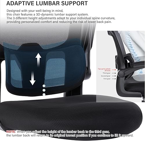 Miniatura 4 de Silla de oficina ergonómica de malla con soporte lumbar, silla de escritorio ajustable con respaldo alto con brazos abatibles, cómoda silla de