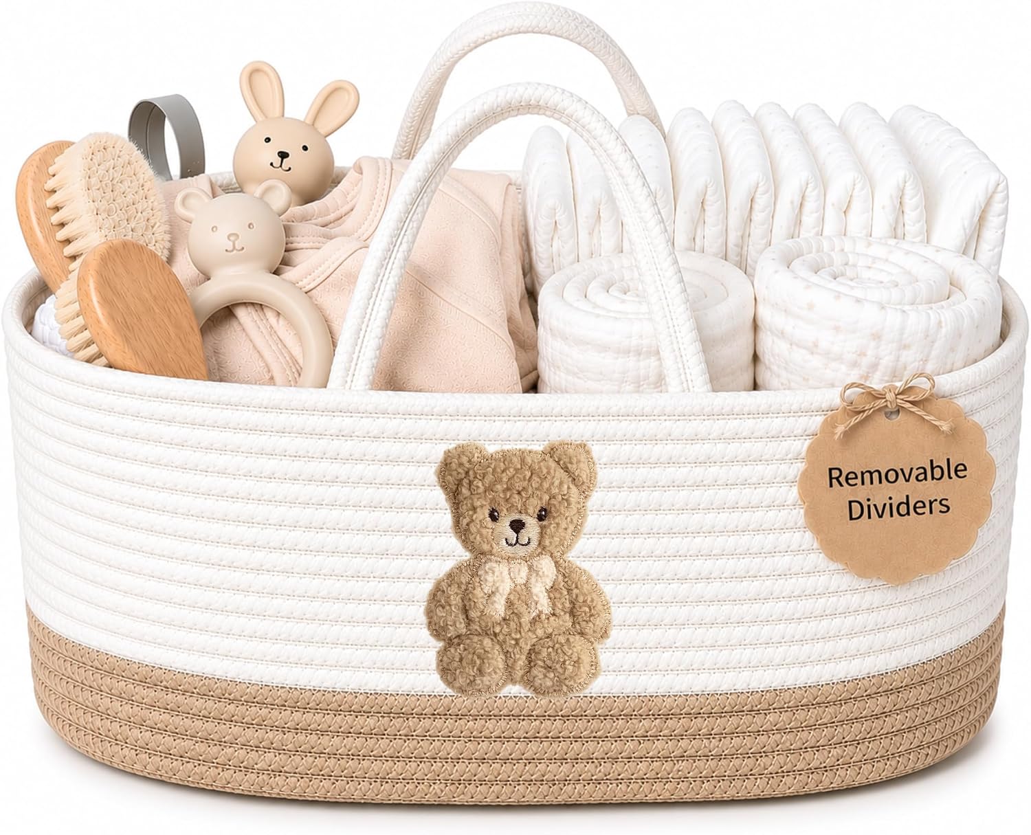 Baby Diaper Caddy Organizer, Teddy Bear Cotton Rope Nursery Basket
