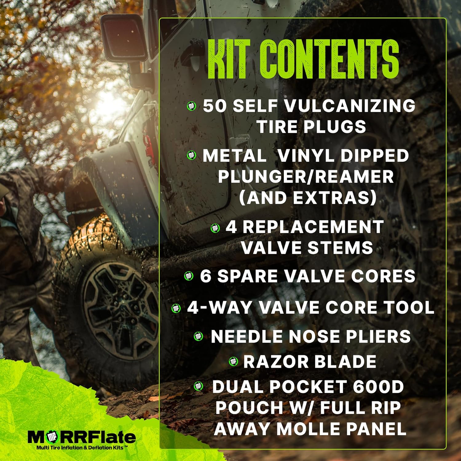 Ultimate 4x4 Tire Plug Kit Heavy Duty Professional Off-Road Tire Repair Kit Includes 50 Vulcanizing Plugs, All-Metal Tools, 4 Replacement Valve Stems, Rip-Away Molle Bag and Accessories